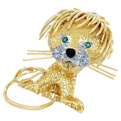 Van Cleef & Arpels Lion Ébouriffe Broche 18k Estate Diamond Emerald & Onyx Gems