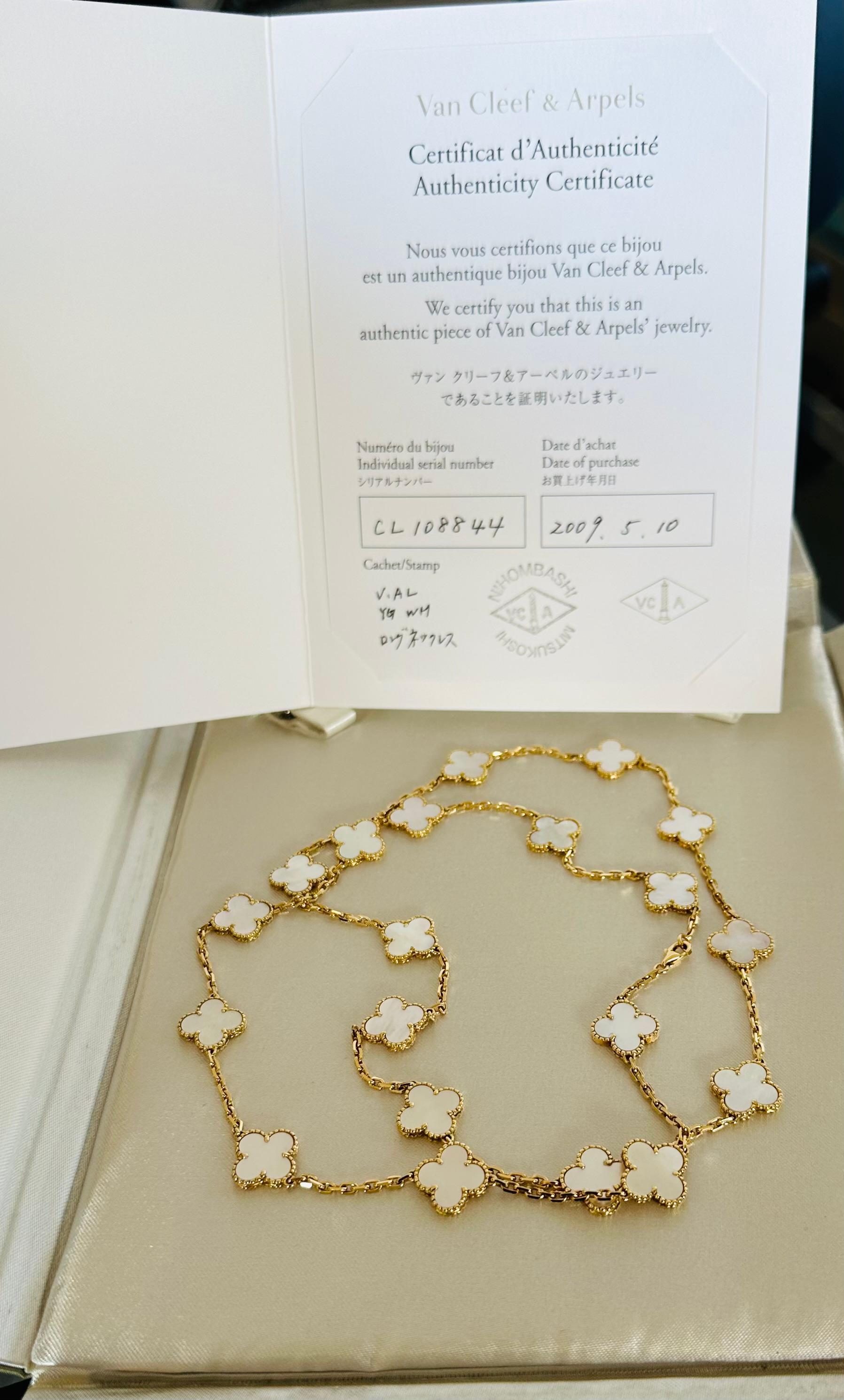 Van Cleef & Aperls 
The Vintage Alhambra Long Necklace , 20 Motifs Mother Of Pearl Along with the box and certificate of authenticity 2010. 
About Alhambra MOP Necklace:
the very first Alhambra® jewel created in 1968, the Vintage Alhambra creations