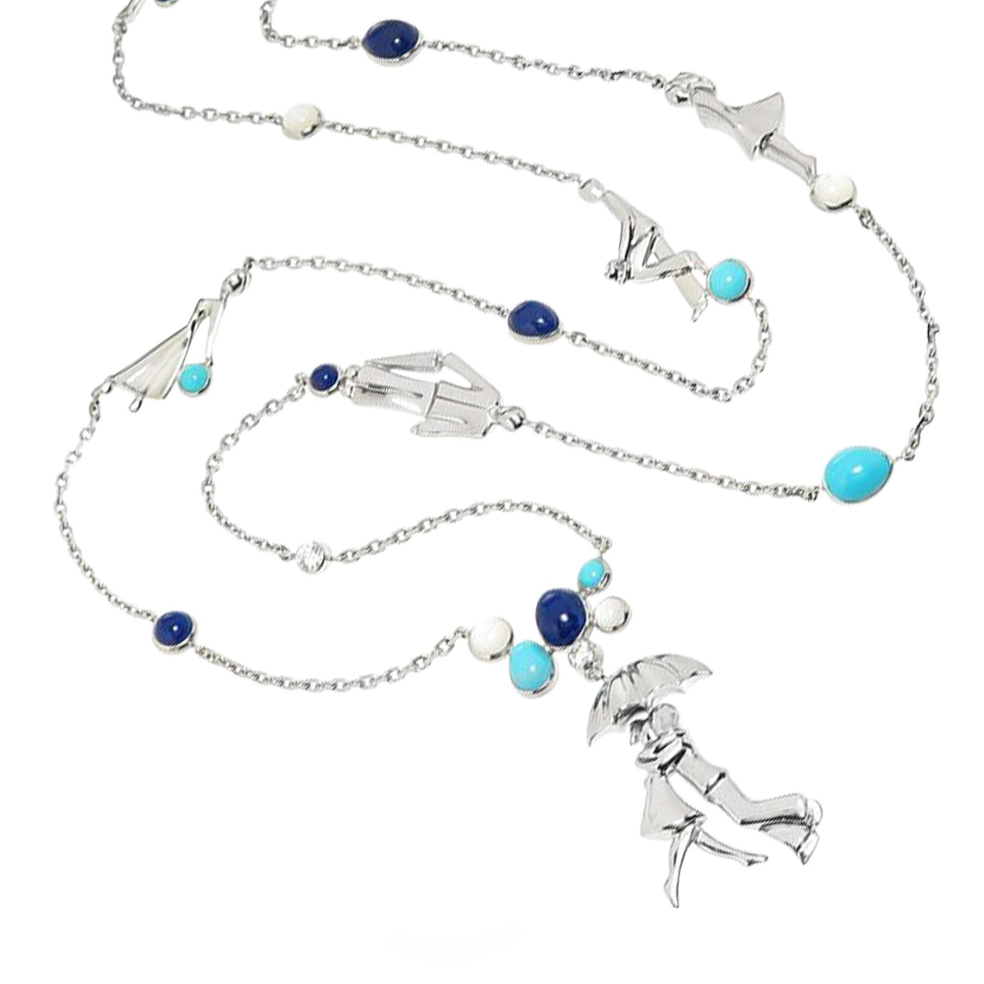 This delightful necklace from the coveted House of Van Cleef & Arpels' Romance a Paris Collection, showcases a story depicting a scene of romance and symbolizes the everlasting magic of love. The piece depicts embracing lovers shielded by an