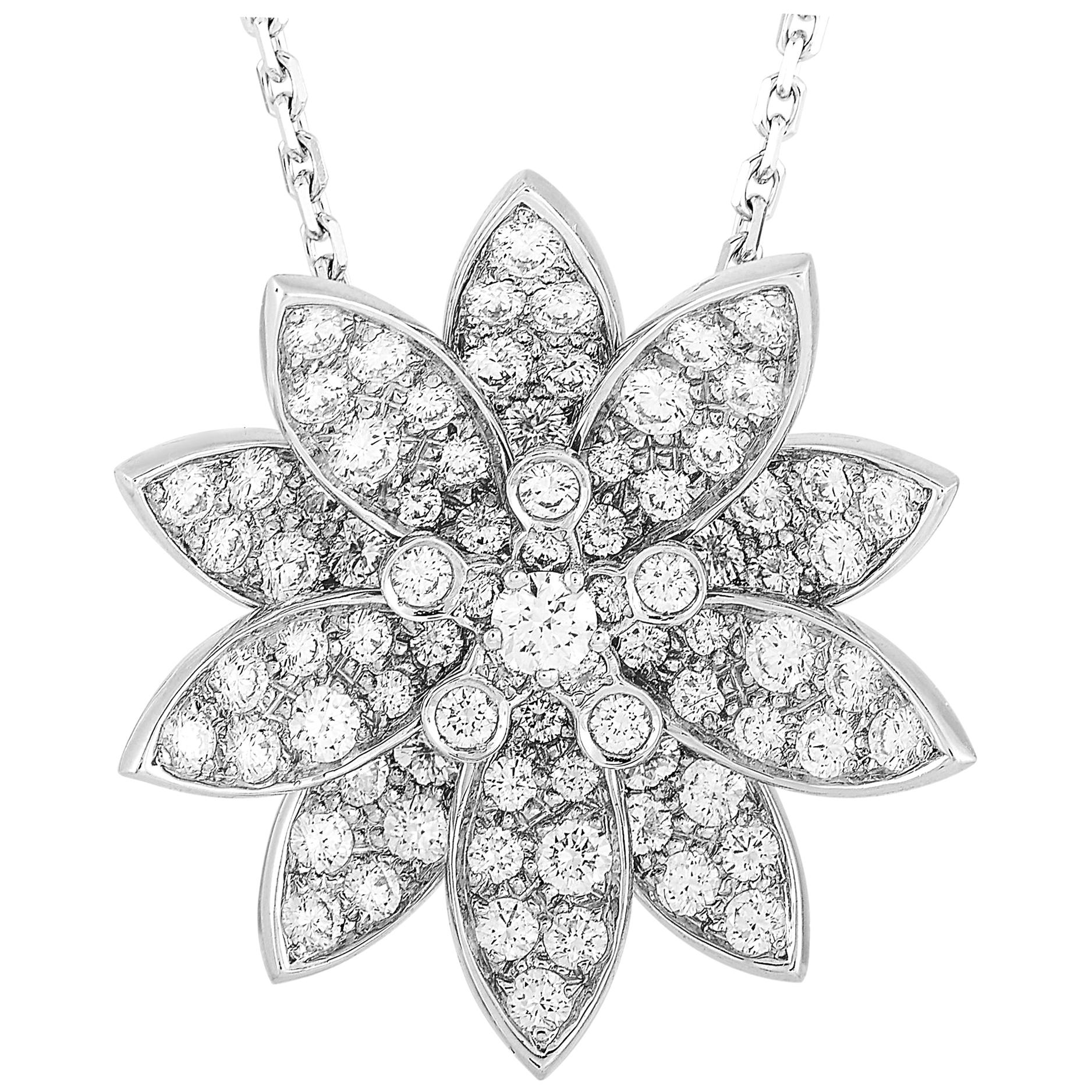 Van Cleef & Arpels Lotus 18 Karat White Gold Diamond Medium Pendant Necklace