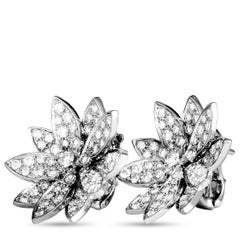 Van Cleef & Arpels Lotus 18 Karat White Gold and Diamond Omega Back Earrings