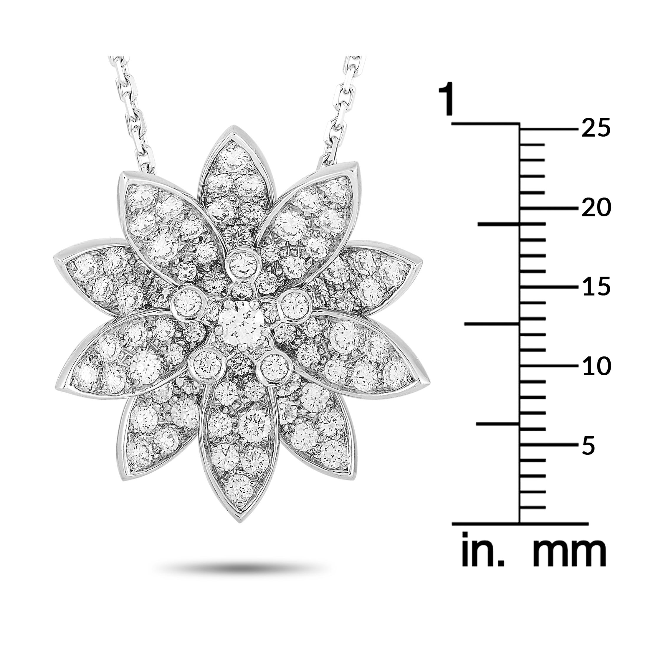 Round Cut Van Cleef & Arpels Lotus 18 Karat White Gold Diamond Medium Pendant Necklace