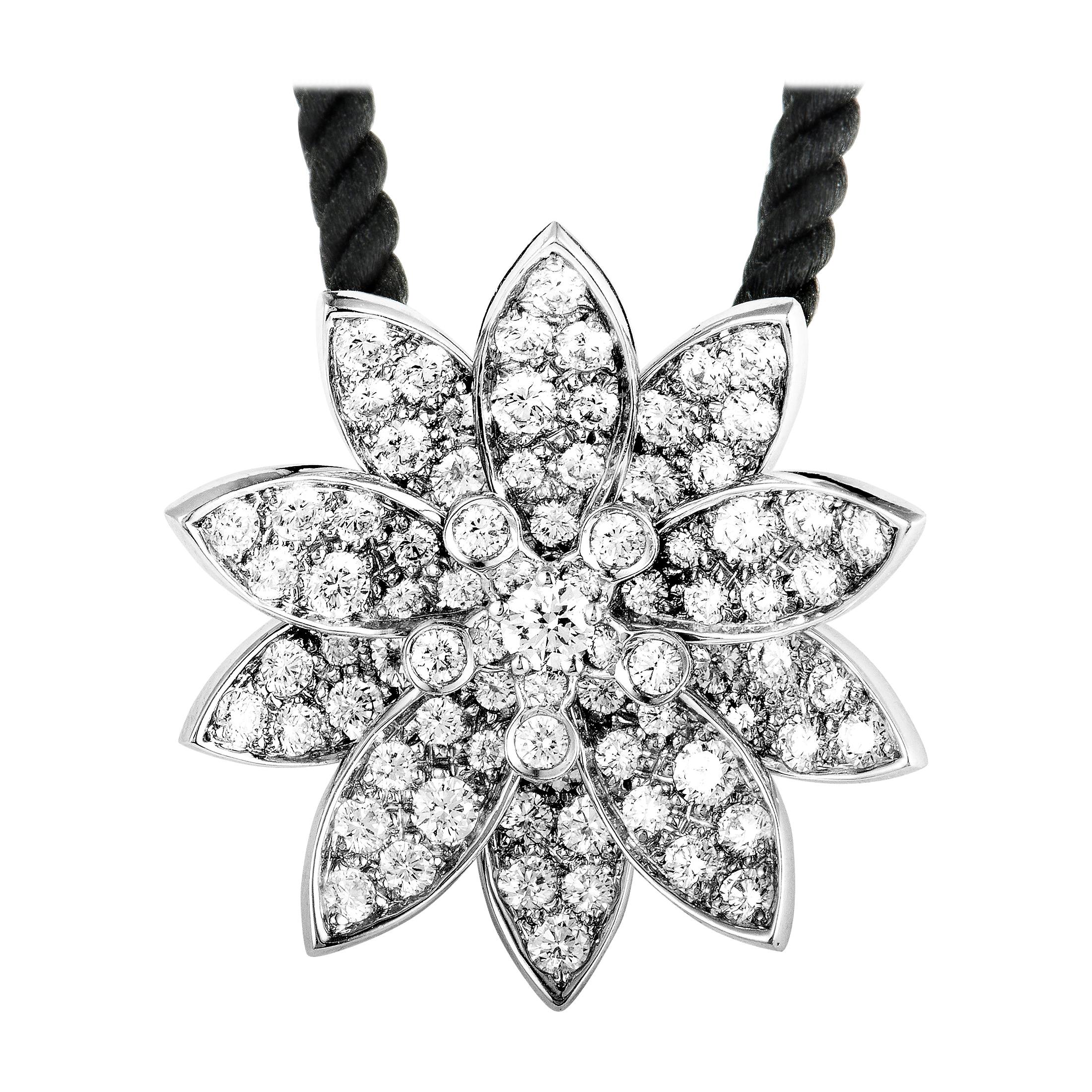 Van Cleef & Arpels Lotus 18 Karat White Gold Diamond Medium Pendant Necklace