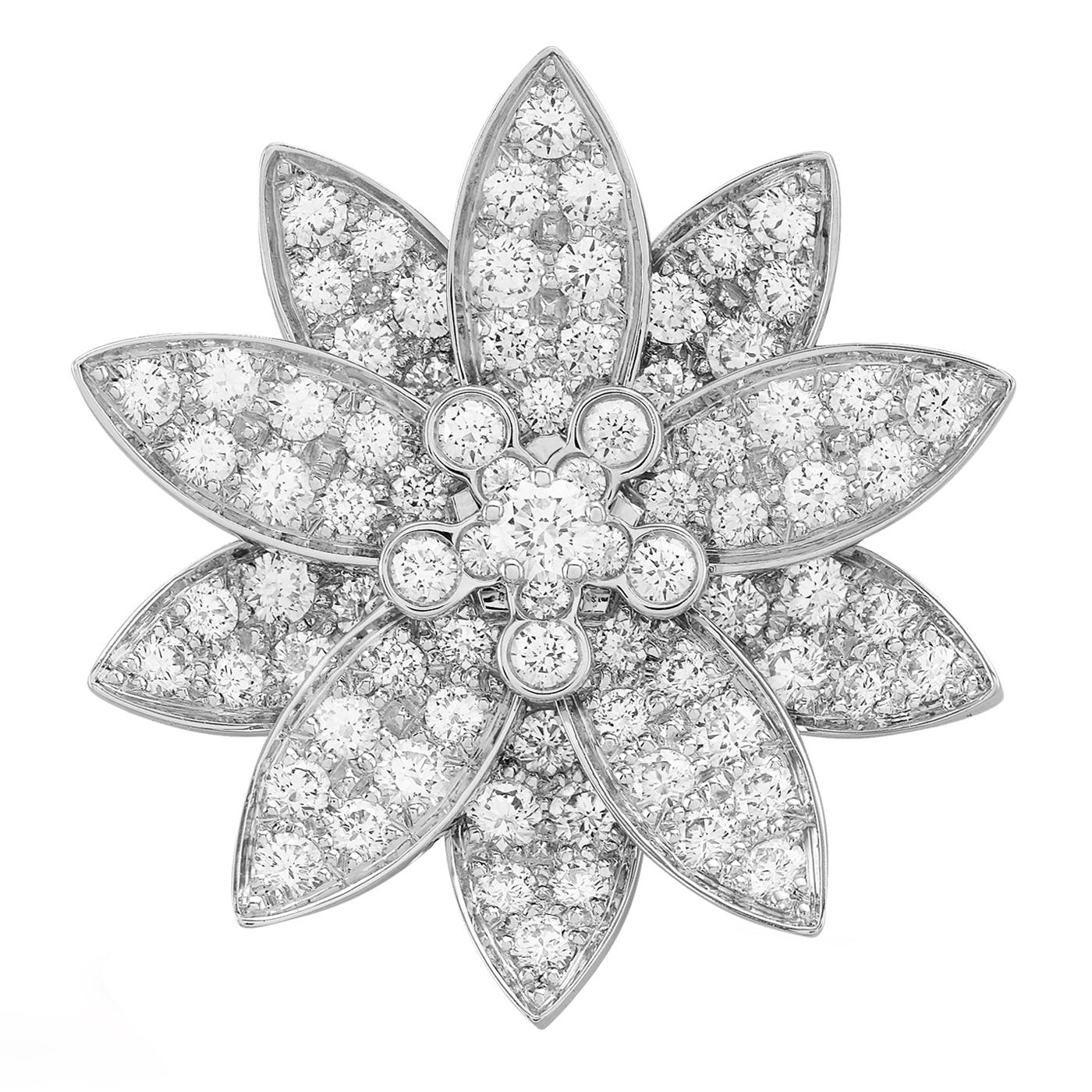 Lotus clip pendant, medium model, rhodium plated 18K white gold, round diamonds; diamond quality DEF, IF to VVS.

Details:
Brand: Van Cleef & Arpels
Type: Lotus Clip Pendant
Stone Type: Round Cut Diamonds
Model: Medium Model
Carat Weight: 1.64