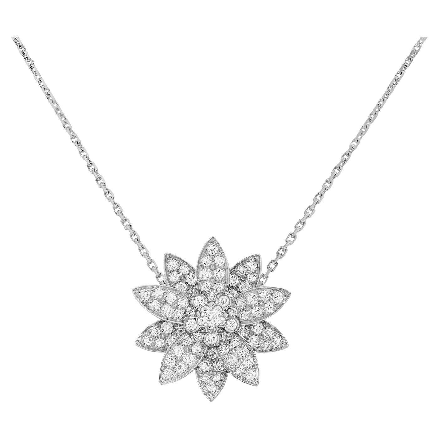Van Cleef & Arpels Lotus Clip Pendant Medium Model In 18K White Gold For Sale