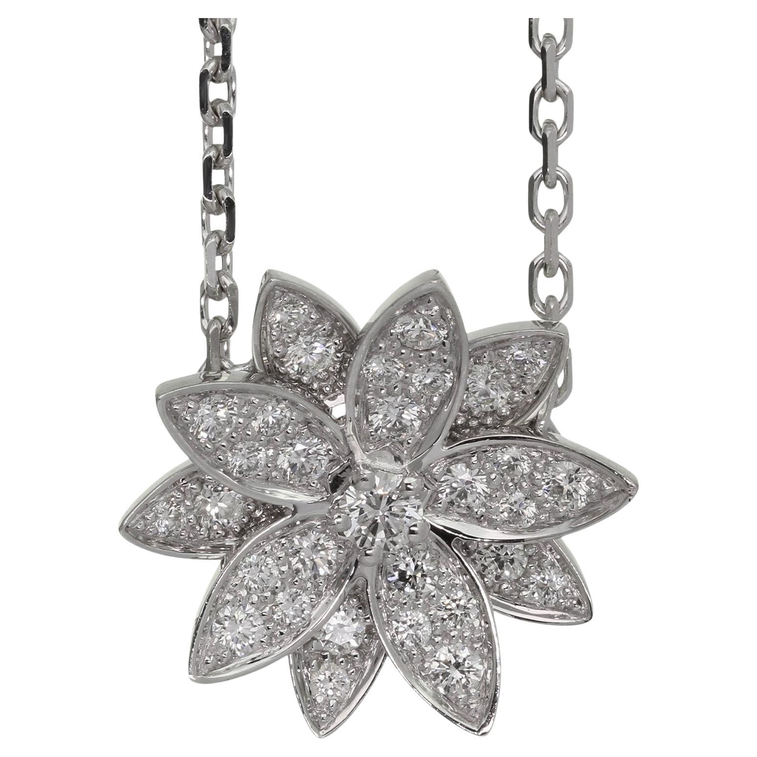 VAN CLEEF & ARPELS Lotus Diamond White Gold Small Pendant Necklace 