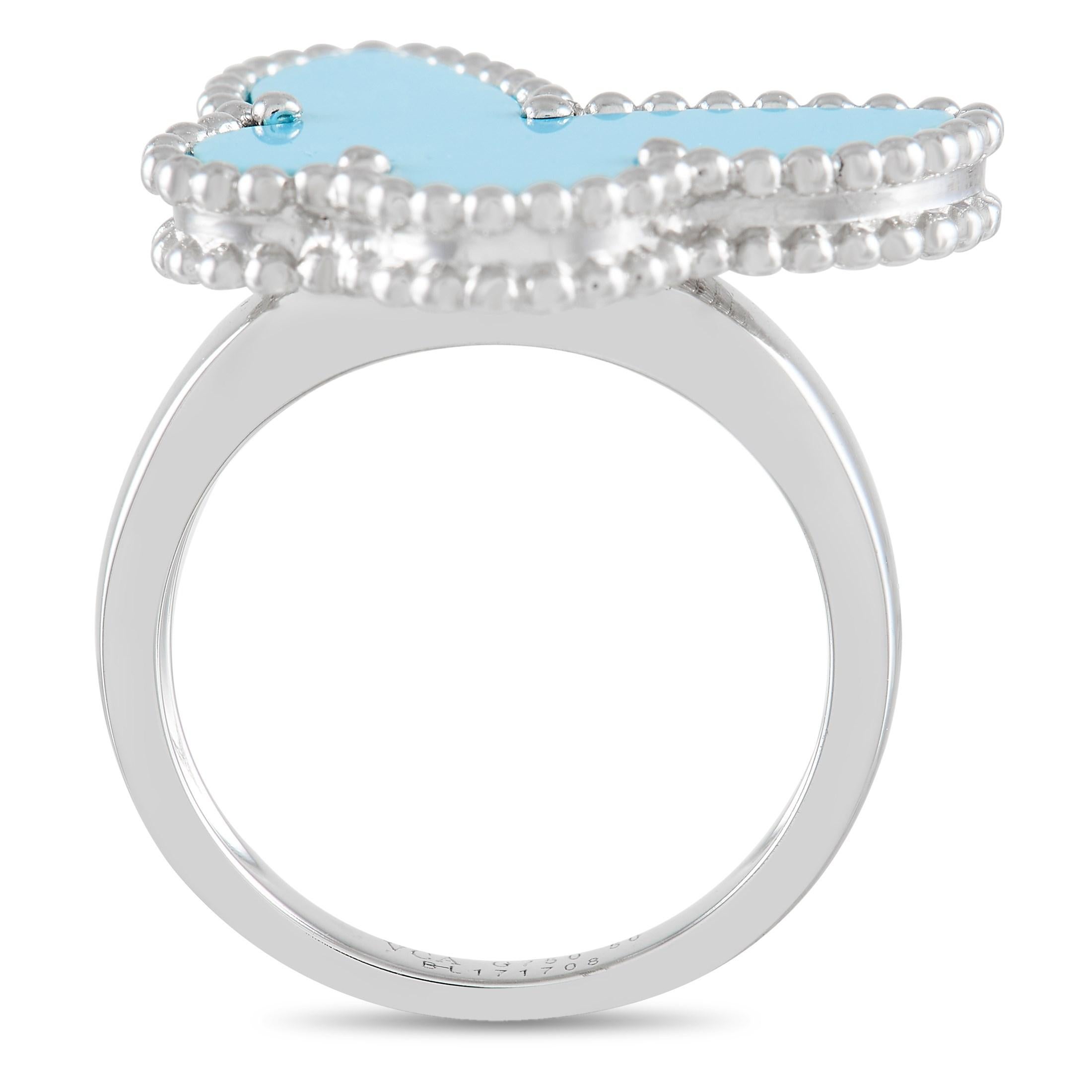 A breathtaking butterfly symbol makes a statement at the center of this captivating Van Cleef & Arpels Lucky Alhambra ring. The stunning turquoise gemstone contrasts beautifully against the 18K White Gold metalwork. Featuring a 2mm wide band and a