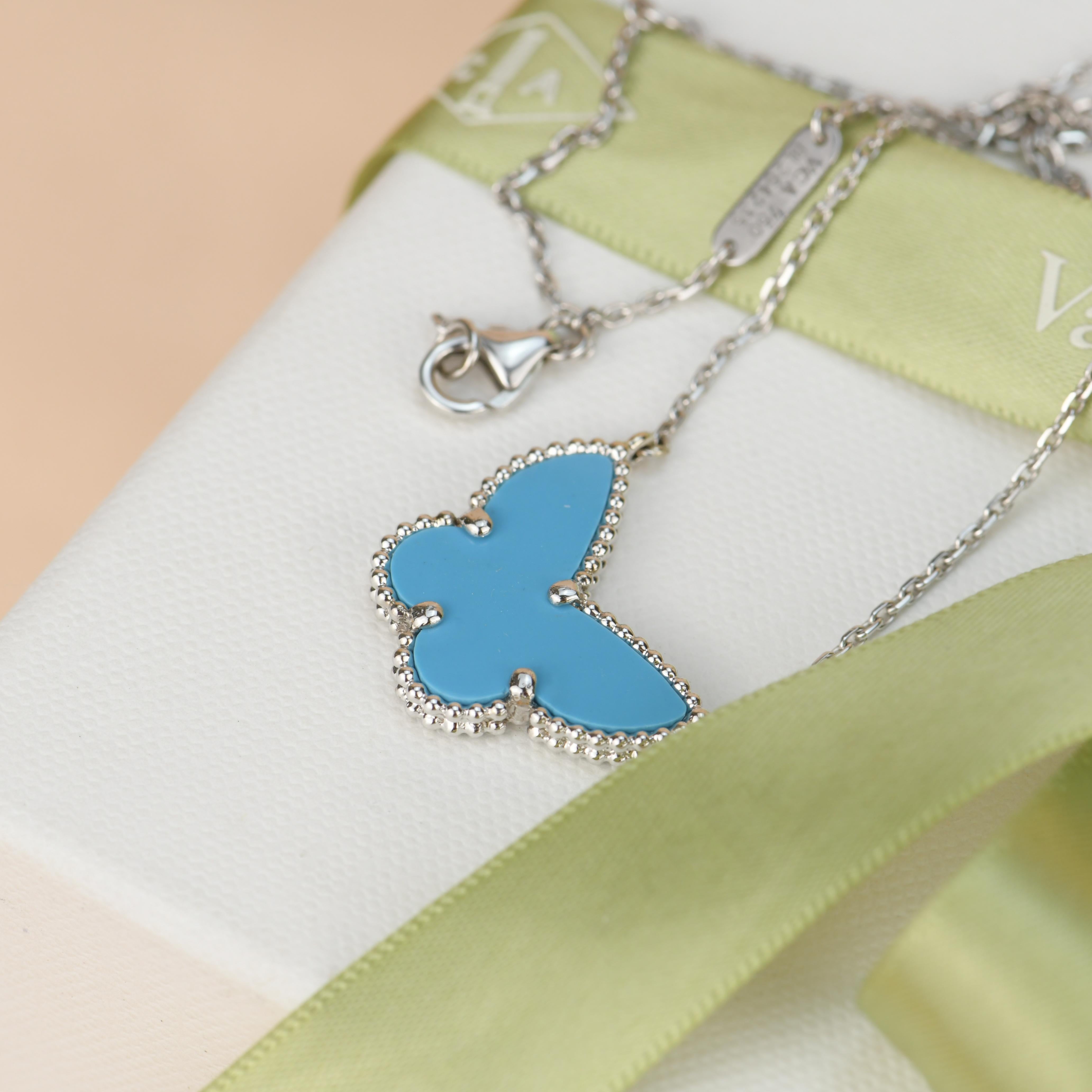 Baguette Cut Van Cleef & Arpels Lucky Alhambra Big Turquoise Butterfly Pendant Necklace