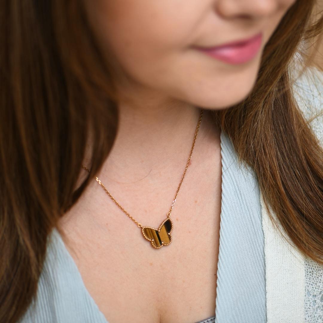 Uncut Van Cleef & Arpels Lucky Alhambra Butterfly Tiger Eye Yellow Gold Pendant Neckla