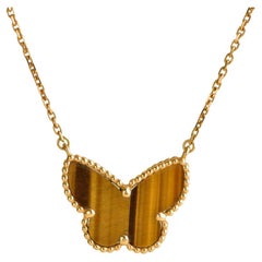 Van Cleef & Arpels Lucky Alhambra Butterfly Tiger Eye Yellow Gold Pendant Neckla