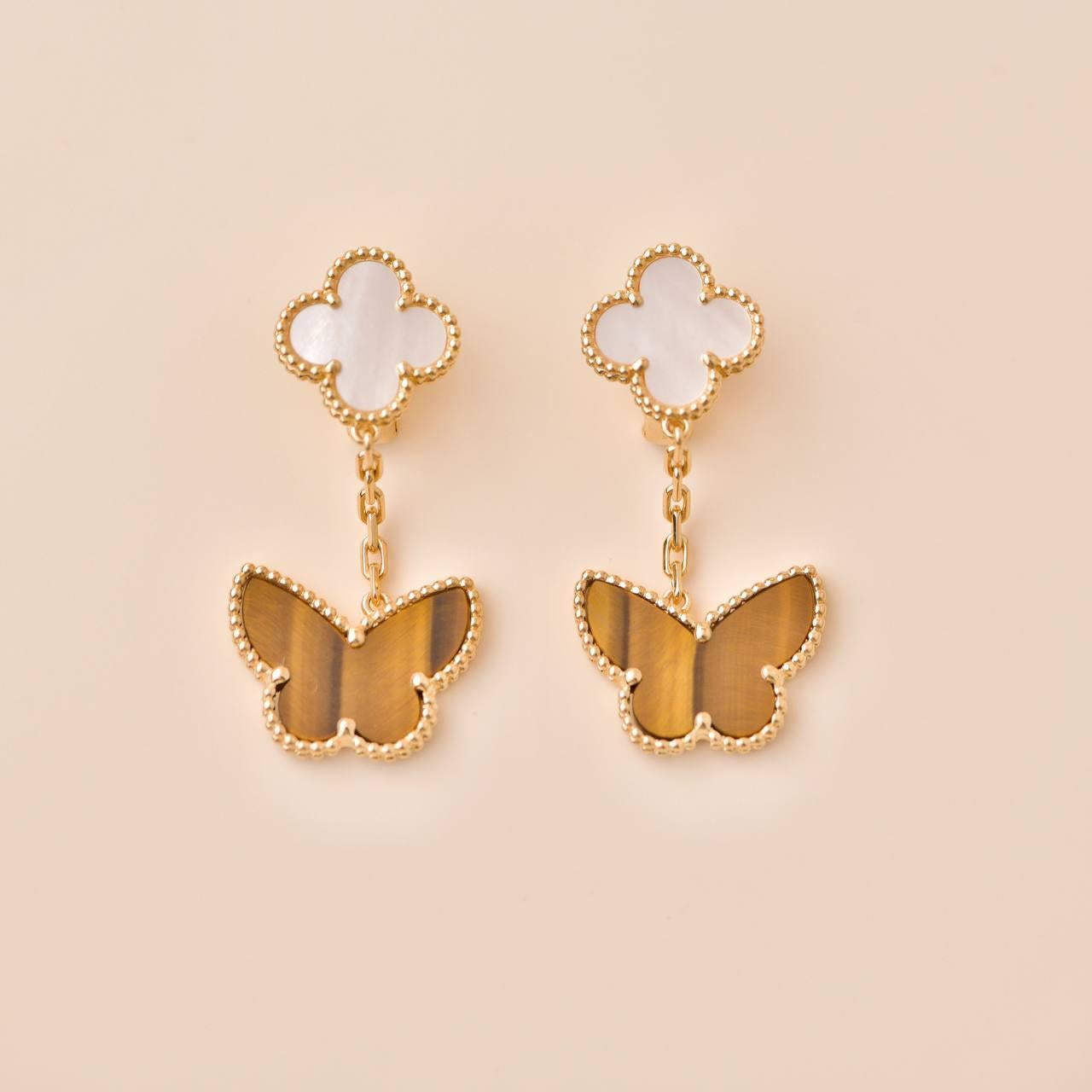 Van Cleef & Arpels Lucky Alhambra Mother of Pearl and Tiger Eye Yellow Gold Earr 1
