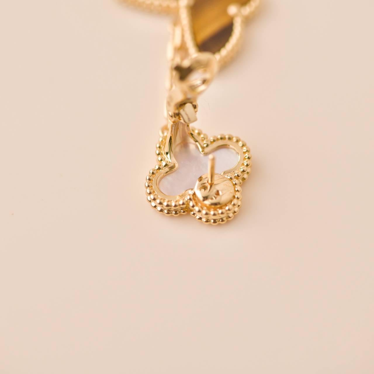 Van Cleef & Arpels Lucky Alhambra Mother of Pearl and Tiger Eye Yellow Gold Earr 3