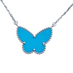Van Cleef & Arpels Lucky Alhambra Turquoise Butterfly 18K White Gold Pendant Nec