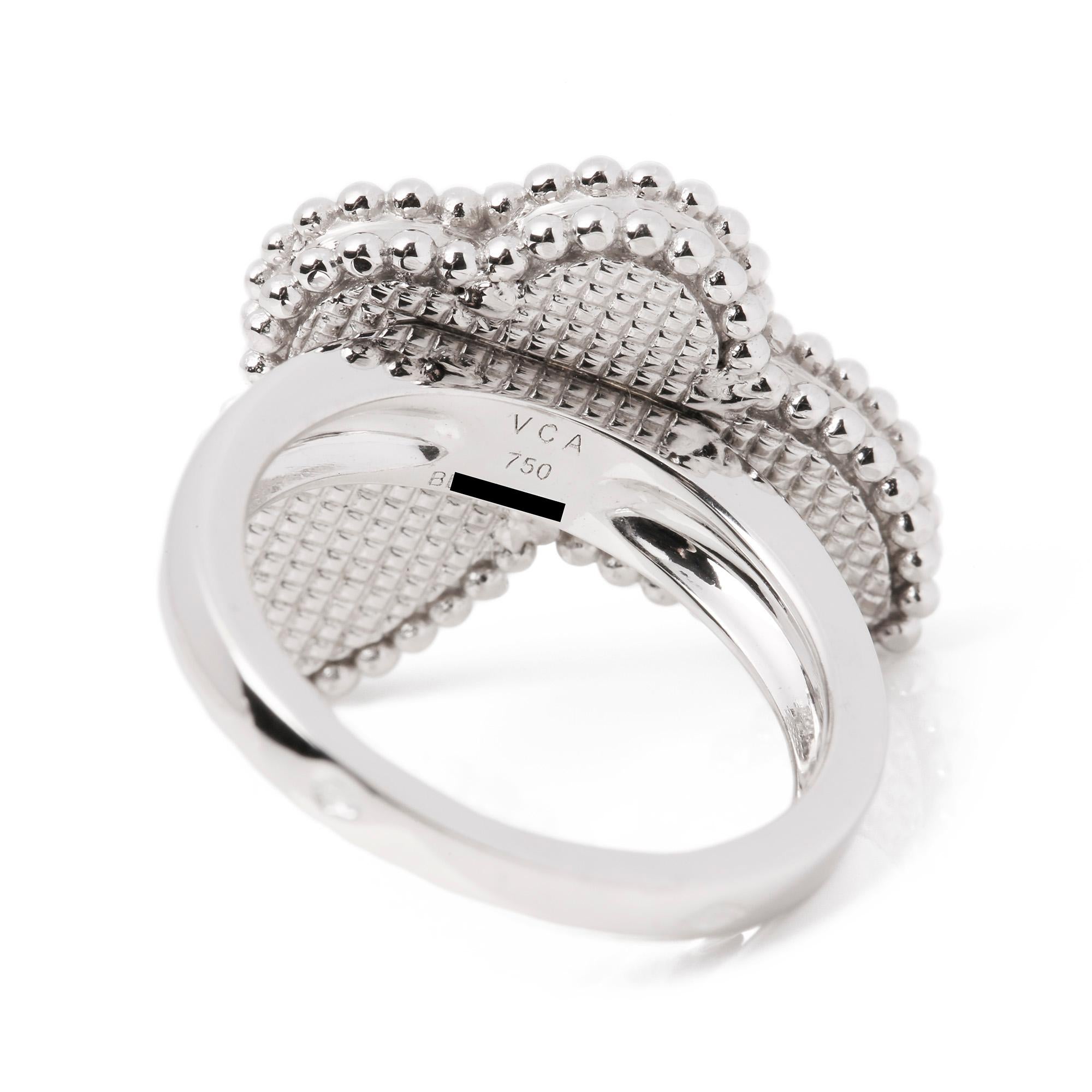 This Ring by Van Cleef & Arpels is from their Lucky Alhambra collection and features a butterfly motif in turquoise, set in 18k white gold. UK ring size K. EU ring size 50. US ring size 5 1/4. Complete with a Xupes presentation box. Our Xupes