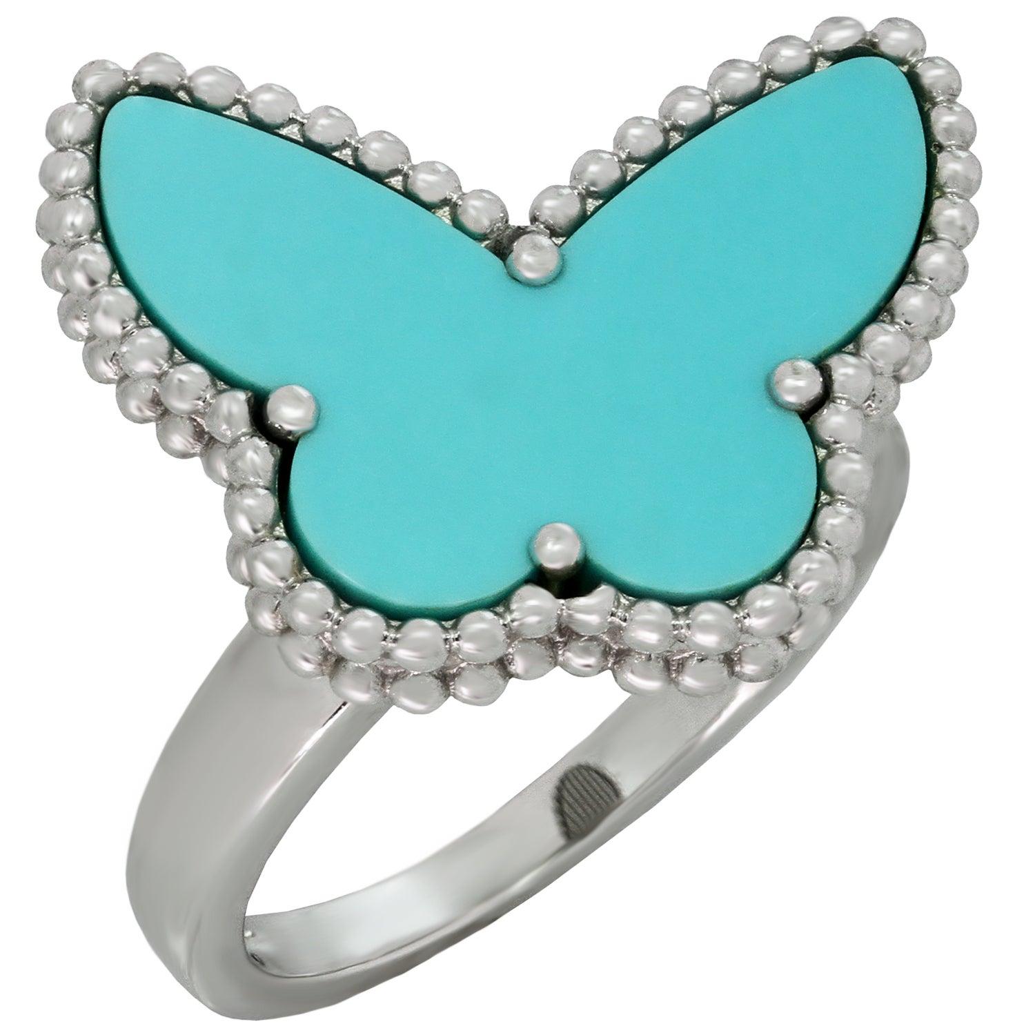 Van Cleef and Arpels Bague Lucky Alhambra papillon en or blanc et turquoise  En vente sur 1stDibs