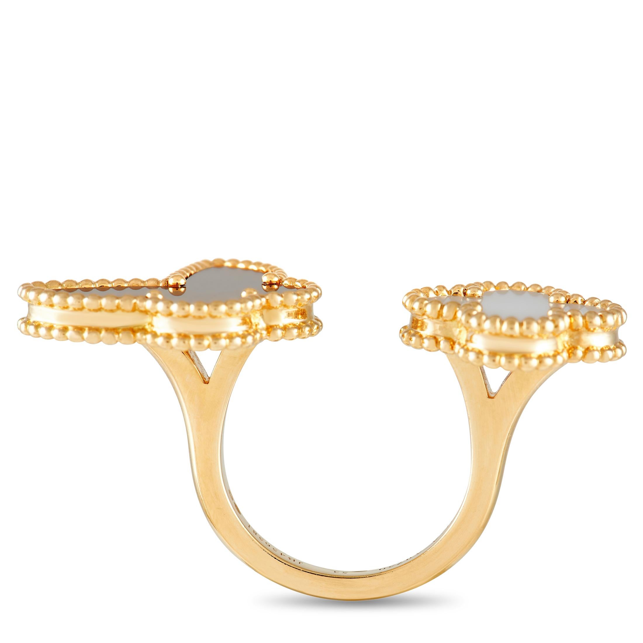 This Van Cleef & Arpels Lucky Alhambra between finger ring will serve as a dramatic addition to any luxury jewelry collection. On one end of the 18K Yellow Gold setting, you’ll find a minimalist butterfly motif accented by a captivating Tiger Eye