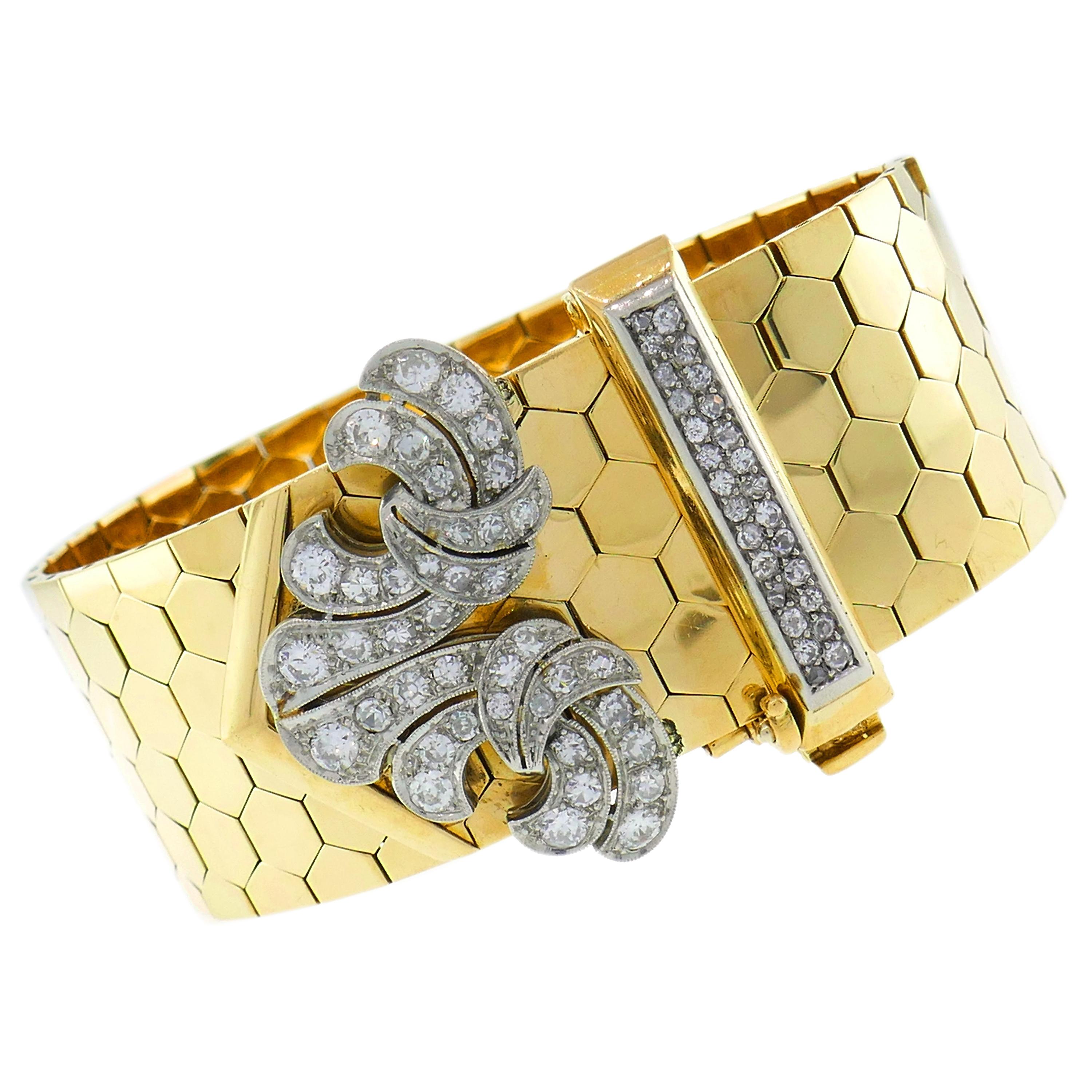 Van Cleef & Arpels Ludo Bracelet Diamond Yellow Gold Buckle Retro, 1940s