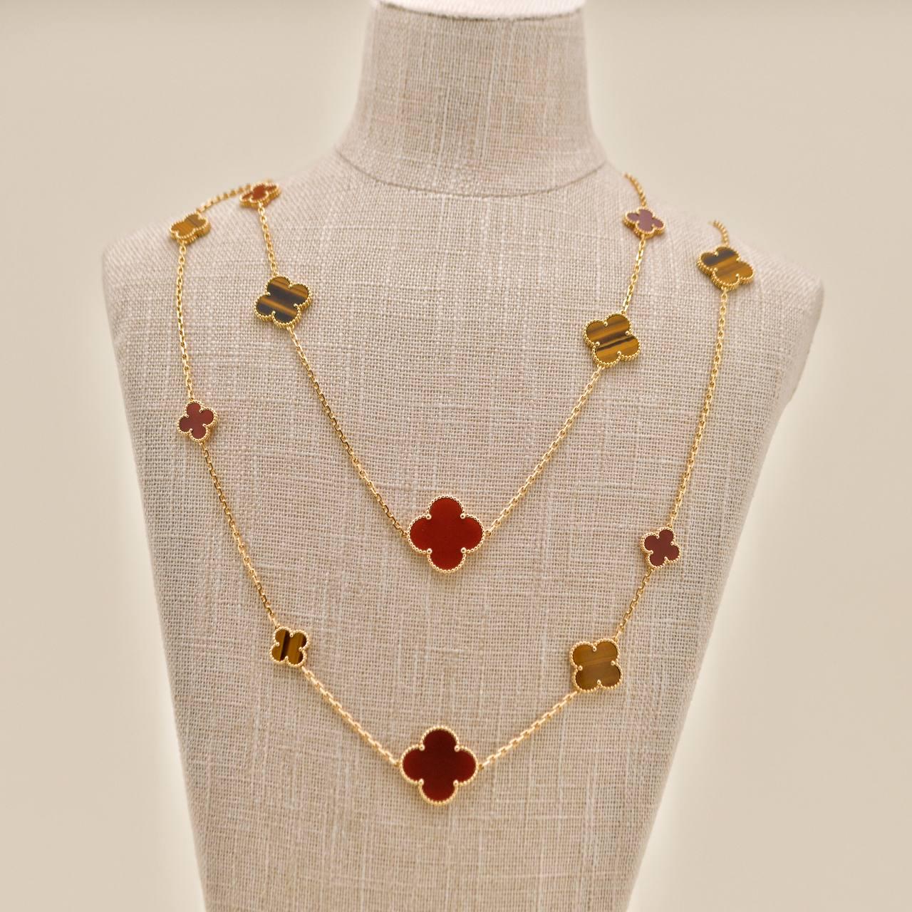 Van Cleef & Arpels Magic Alhambra 16 Motif Carnelian Tiger's Eye Necklace For Sale 6