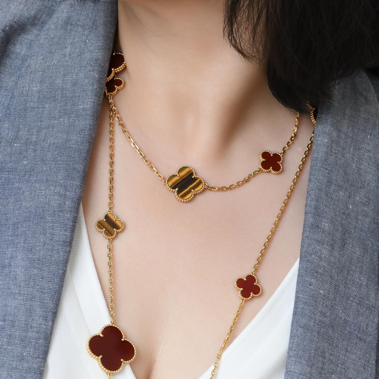 Van Cleef & Arpels Magic Alhambra 16 Motif Carnelian Tiger's Eye Necklace For Sale 8