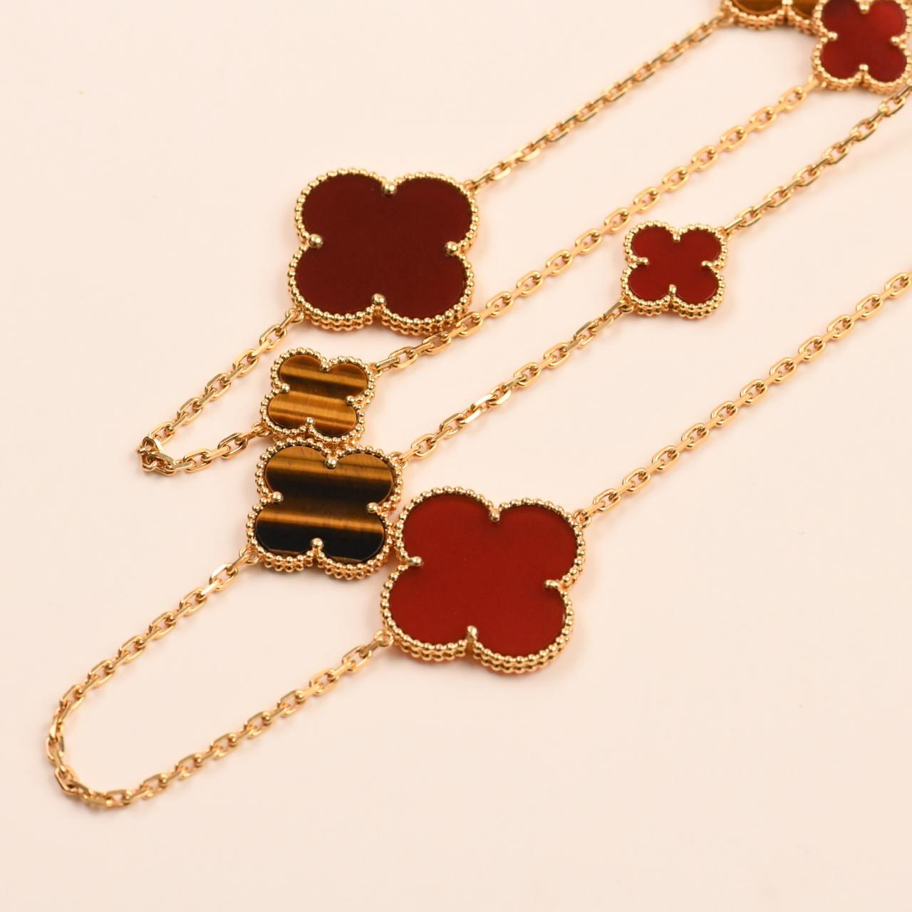 Women's or Men's Van Cleef & Arpels Magic Alhambra 16 Motif Carnelian Tiger's Eye Necklace For Sale