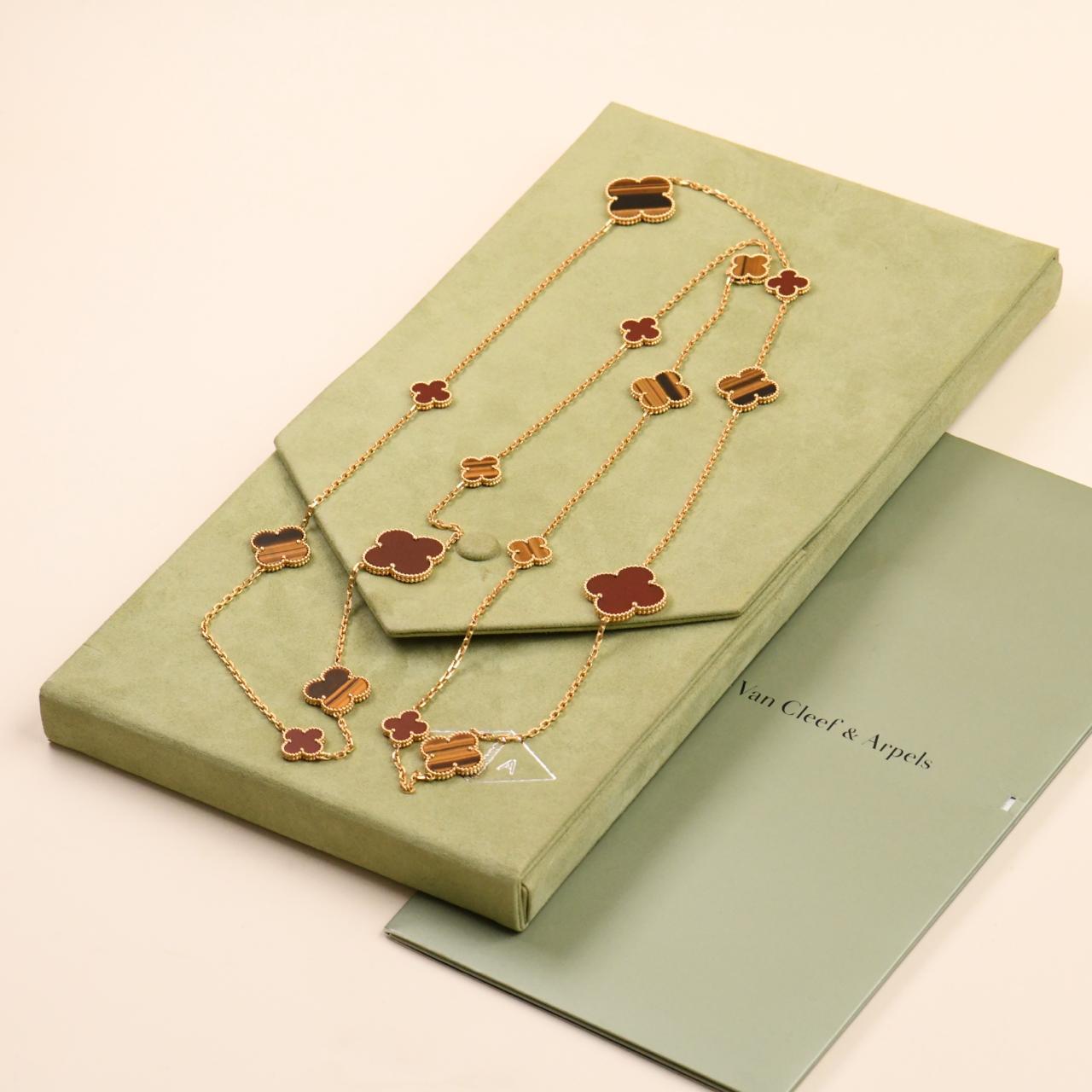 Van Cleef & Arpels Magic Alhambra 16 Motif Carnelian Tiger's Eye Necklace For Sale 3