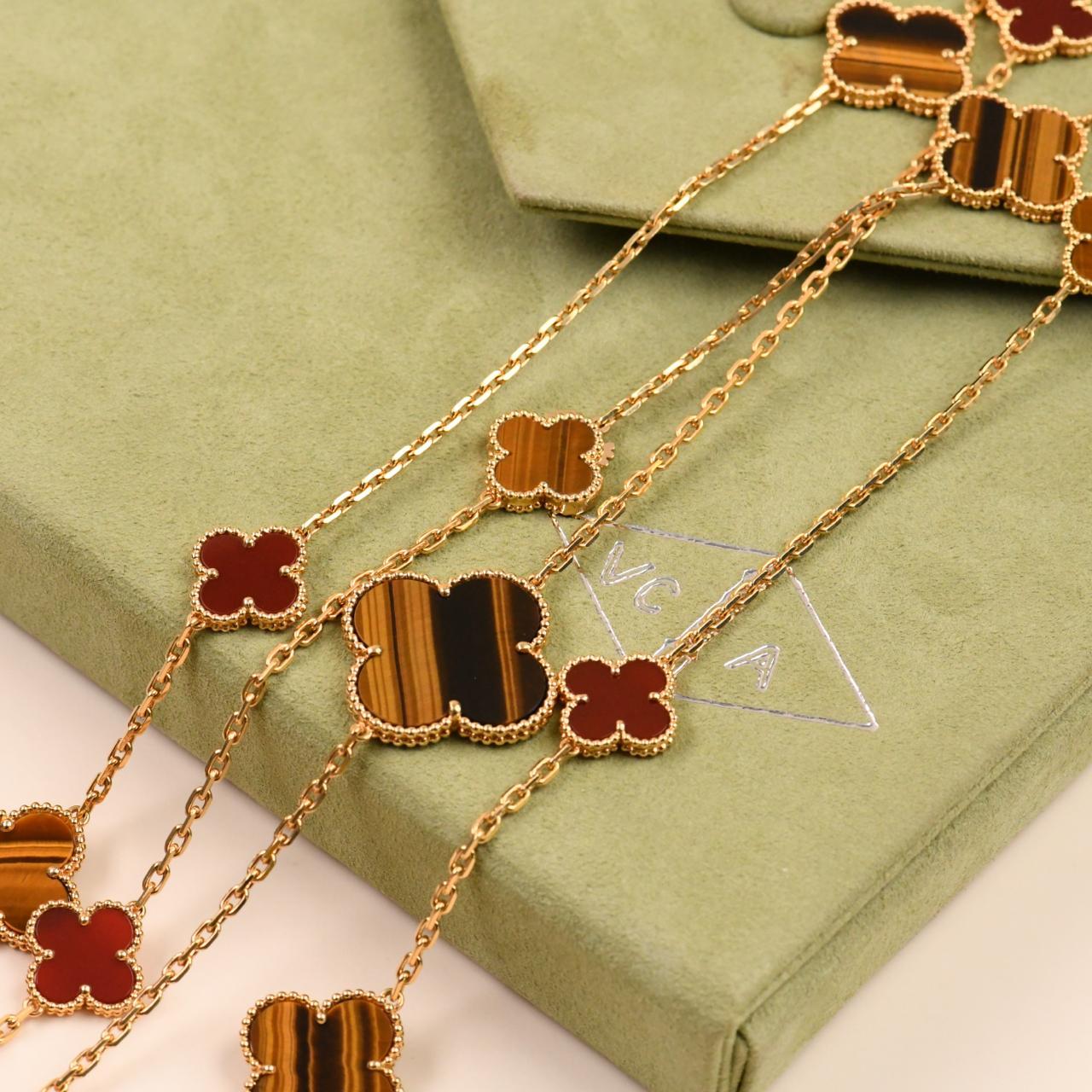 Van Cleef & Arpels Magic Alhambra 16 Motif Carnelian Tiger's Eye Necklace For Sale 4