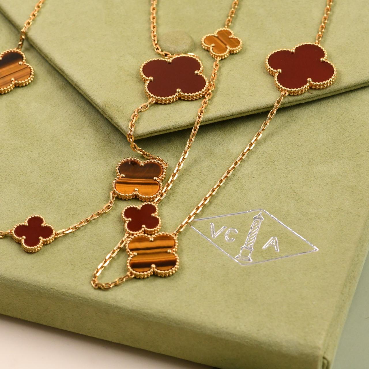 Van Cleef & Arpels Magic Alhambra 16 Motif Carnelian Tiger's Eye Necklace For Sale 5