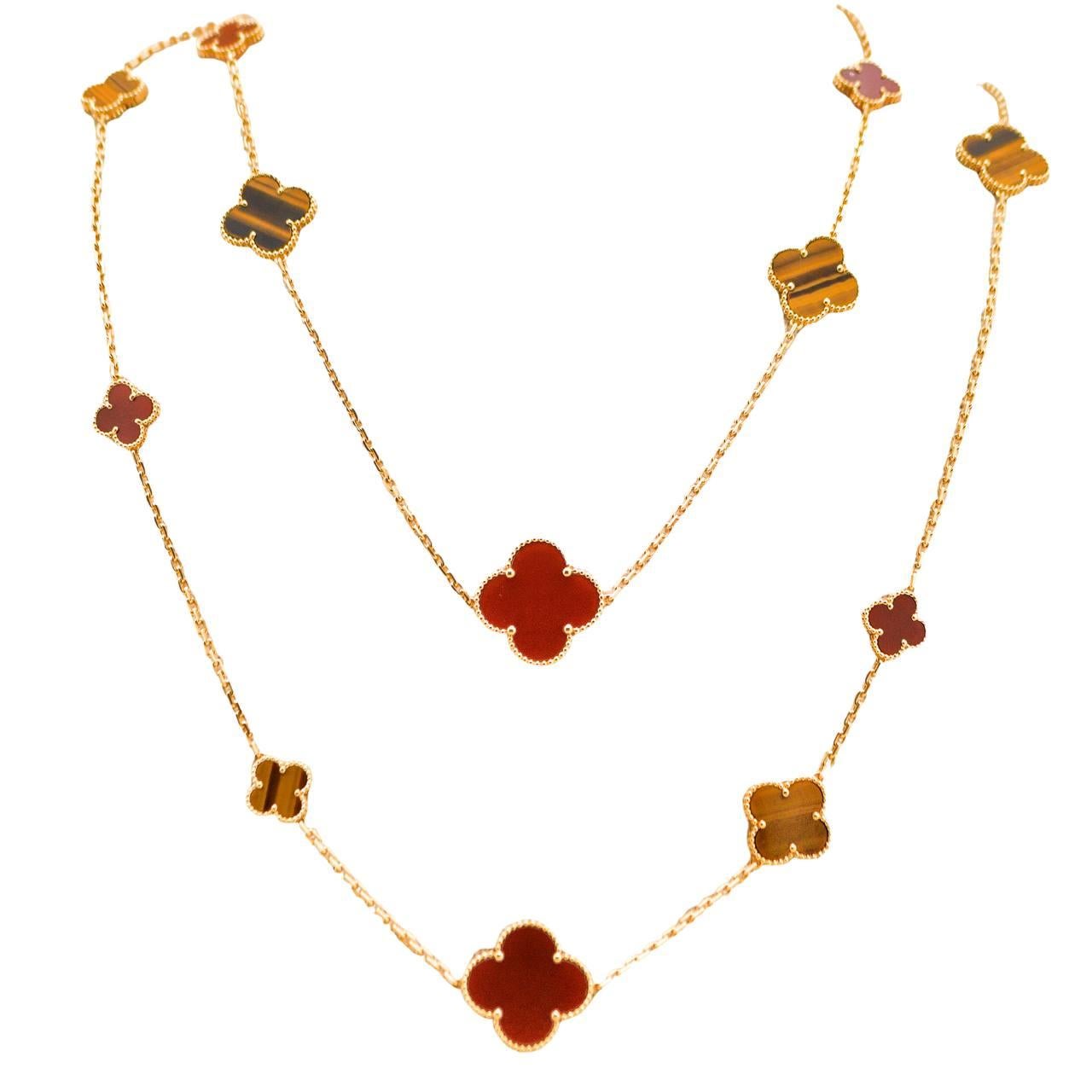 Van Cleef & Arpels Magic Alhambra 16 Motif Carnelian Tiger's Eye Necklace For Sale