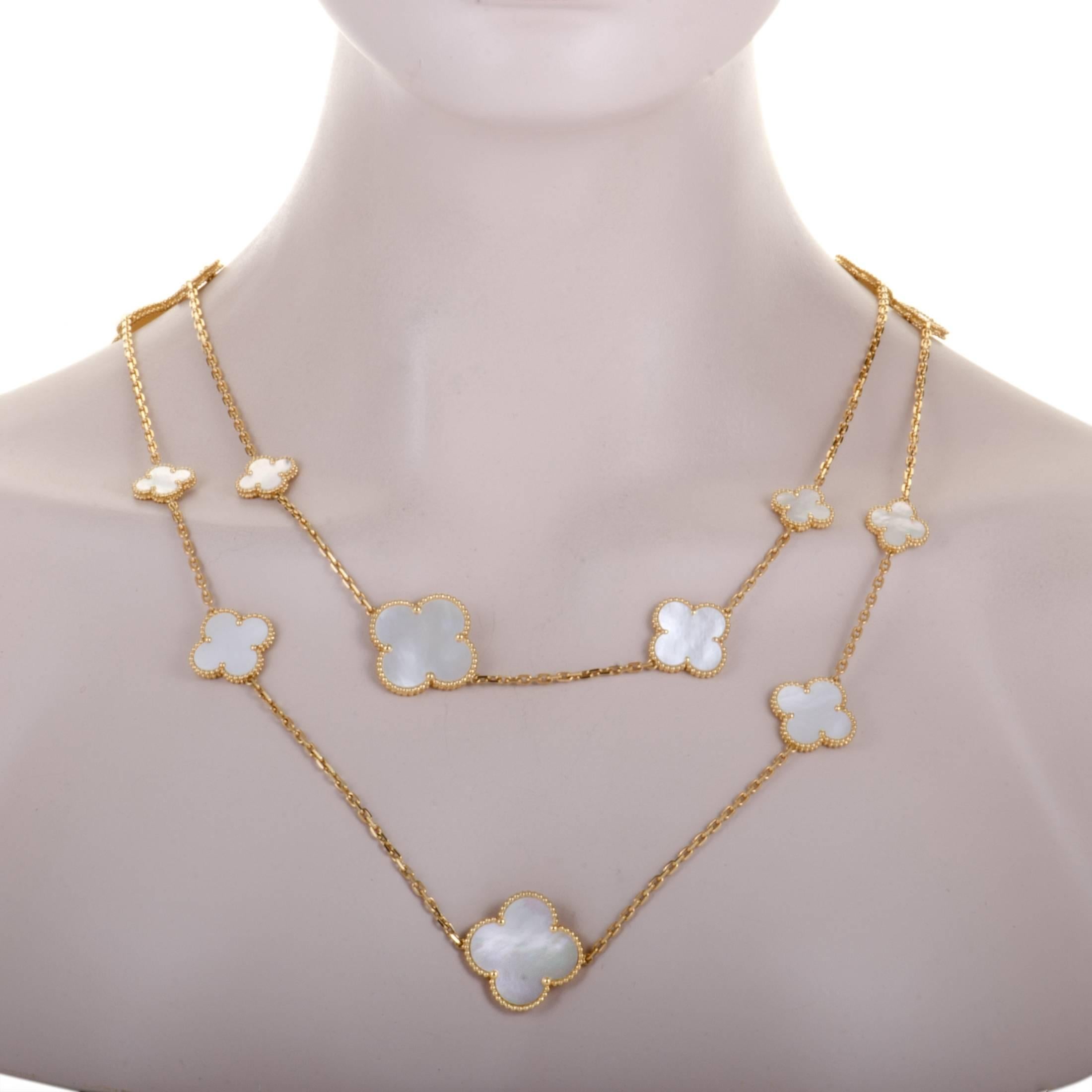 Presented within the iconic “Magic Alhambra” collection by Van Cleef & Arpels, this sublime necklace embodies the very essence of charming femininity and classy elegance. The necklace is made of 18K yellow gold and it is embellished with mother of