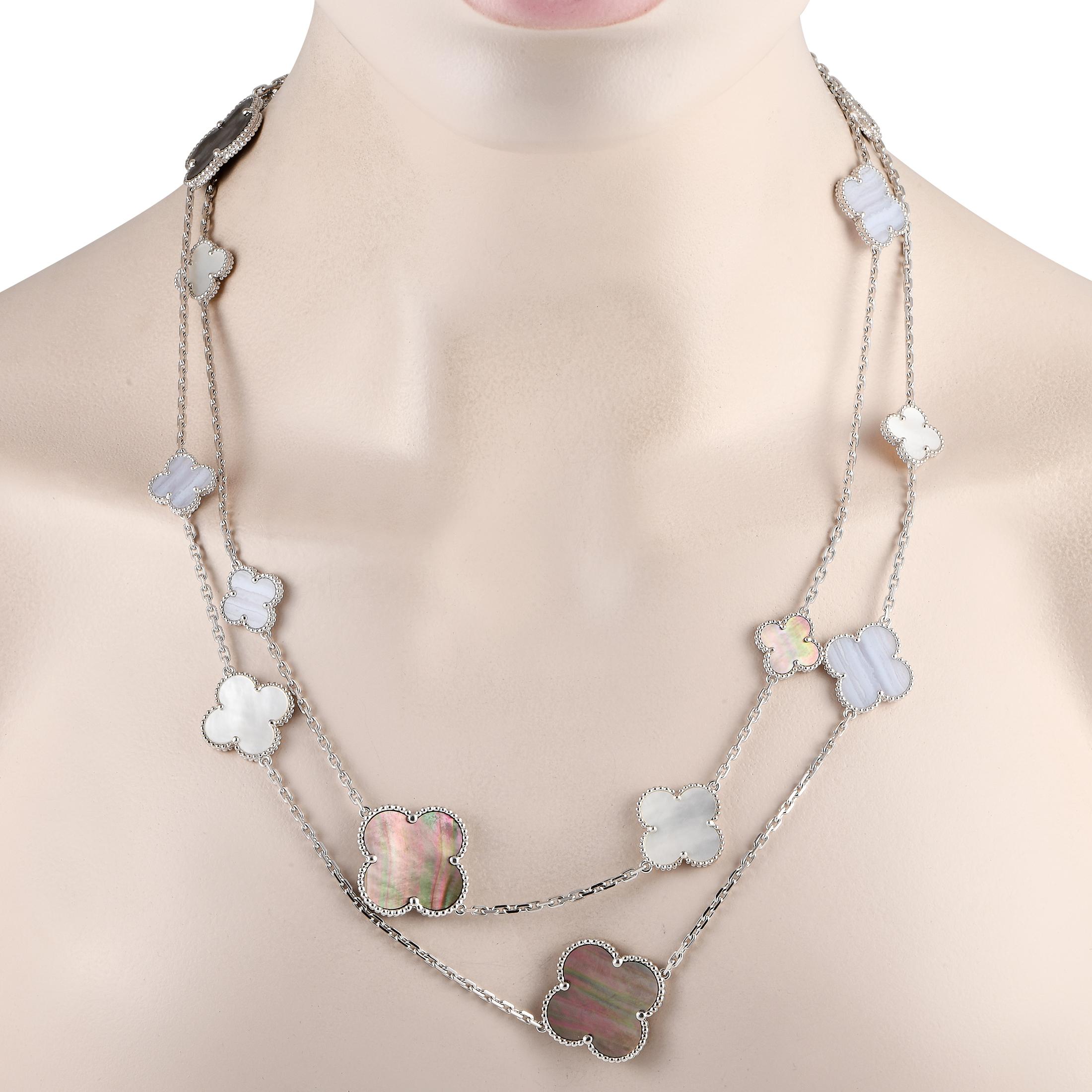 Make a statement by adding this impressive Van Cleef & Arpels Magic 16 Motif Necklace to any ensemble. The dramatic design is elevated by the brands iconic clover motif in a combination of Mother of Pearl and Chalcedony. Crafted from 18K White Gold,