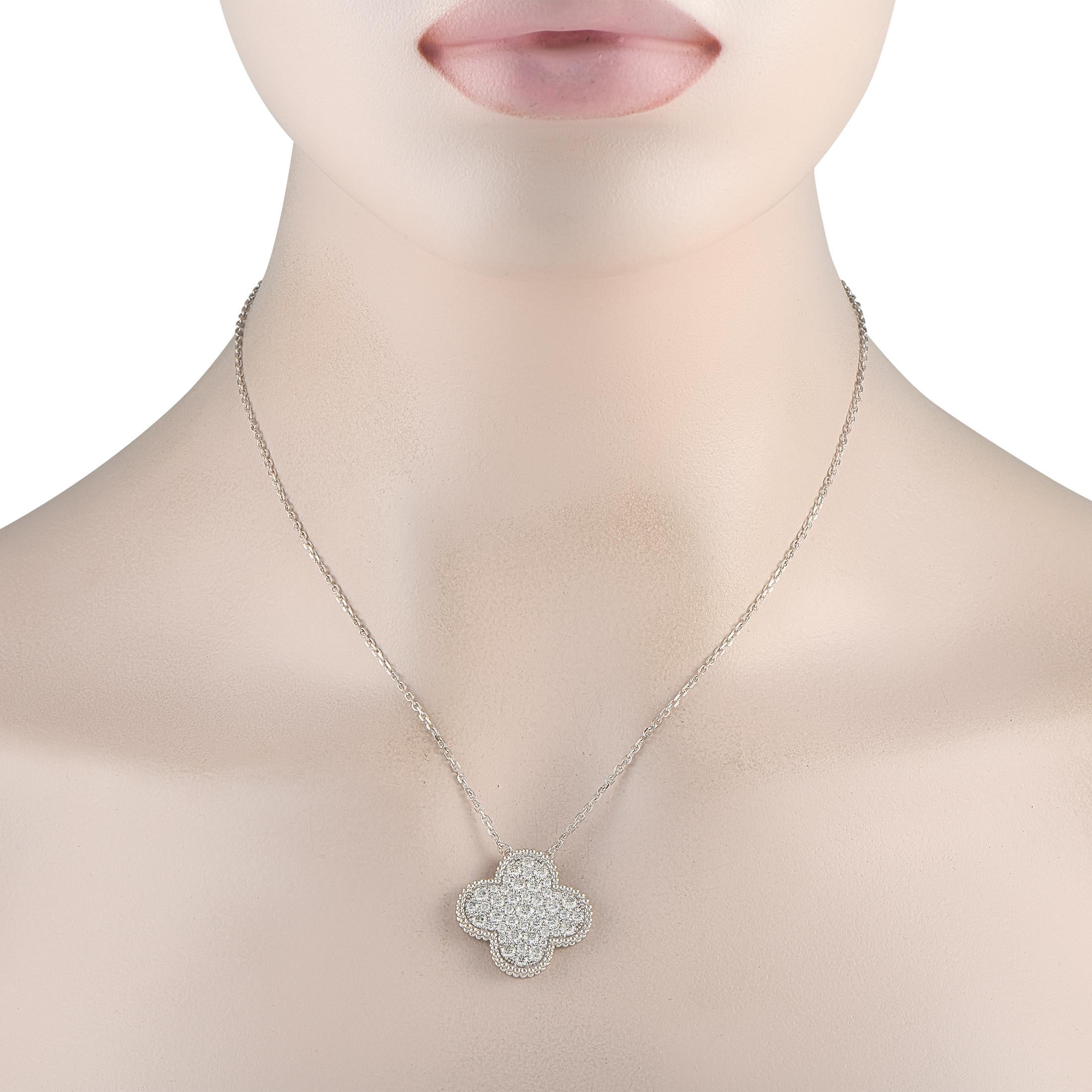 The luxury brands iconic clover-shaped design makes a statement on this Van Cleef & Arpels Magic Alhambra necklace. This exquisite accessory features detailed 18K White Gold metalwork and inset Diamonds totaling 2.44 carats. Bold and incredibly