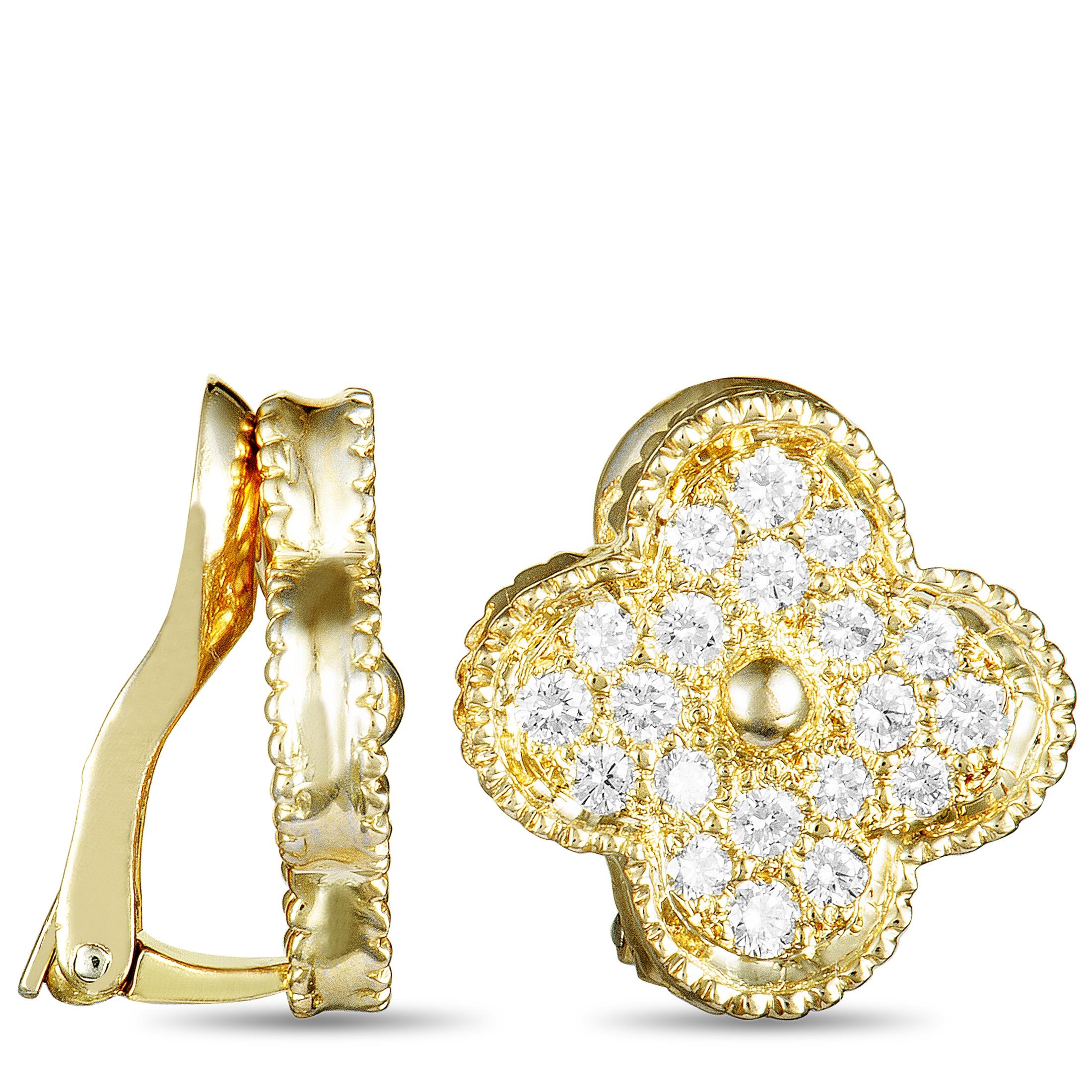 Presented within the iconic “Alhambra” collection, these fascinating Van Cleef & Arpels earrings are a vision of classic prestige and timeless elegance. The pair is wonderfully made of radiant 18K yellow gold and embellished with scintillating