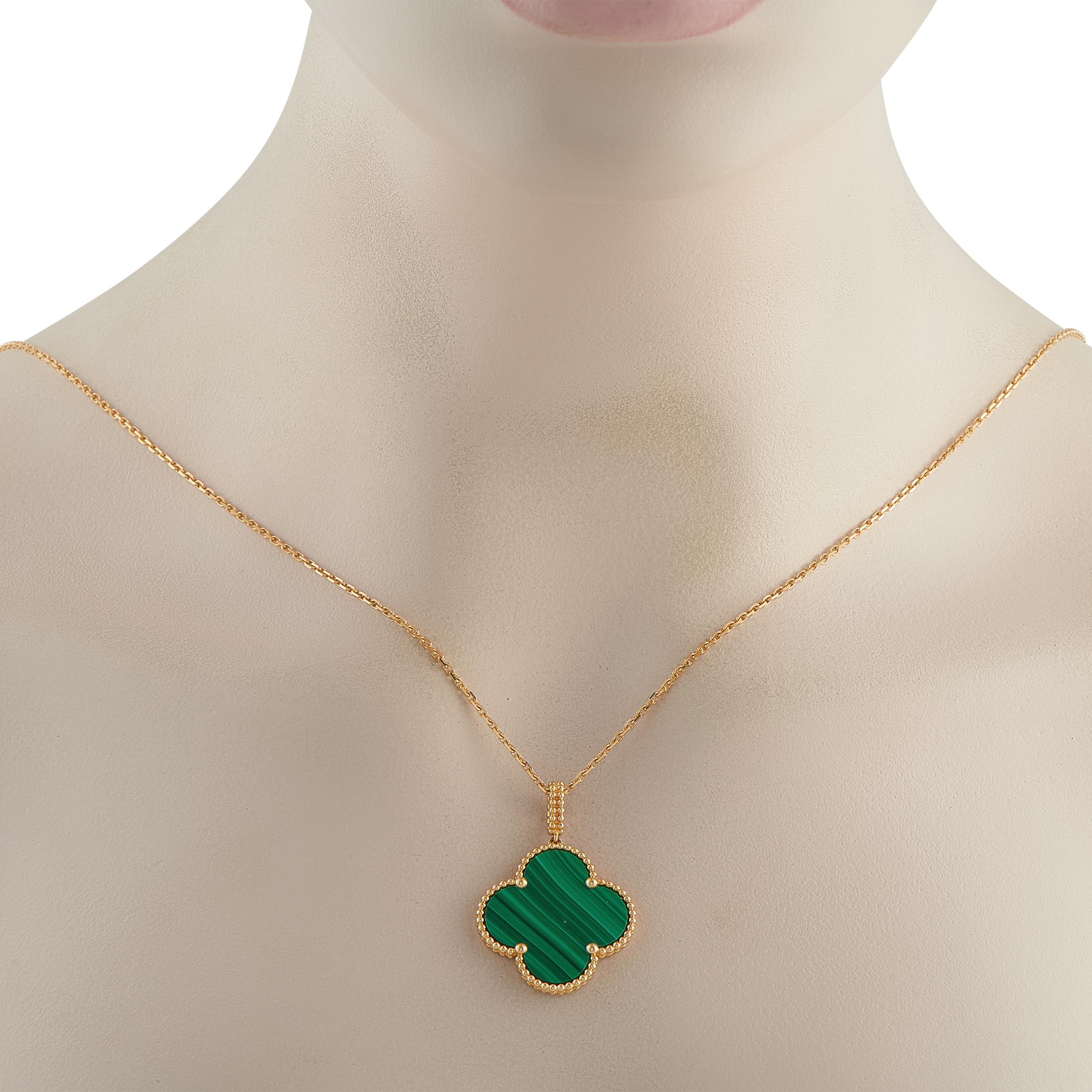 A vibrant green Malachite stone makes this Van Cleef & Arpels Magic Alhambra necklace instantly eye-catching. Crafted from 18K Yellow Gold, a dramatic 35 chain allows you to wear it long or double the chain to transform the design. The pendant