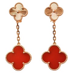 Van Cleef & Arpels Magic Alhambra 2 Motif Earrings Carnelian Guilloché 18K Rose