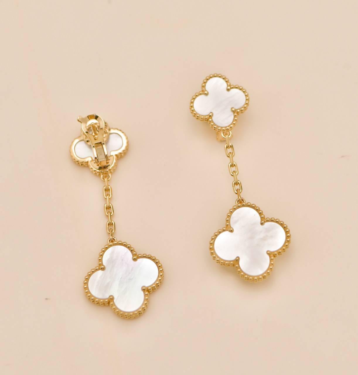 Van Cleef & Arpels Magic Alhambra 2 Motifs Earrings Mother of Pearl 18K Yellow G For Sale 1