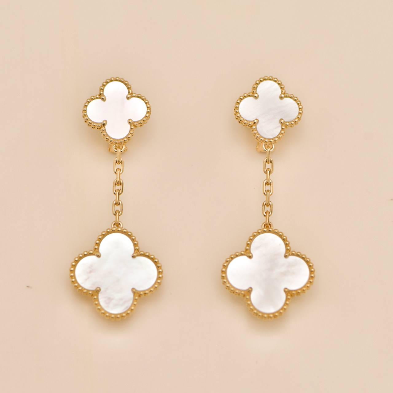 Van Cleef & Arpels Magic Alhambra 2 Motifs Earrings Mother of Pearl 18K Yellow G For Sale 3
