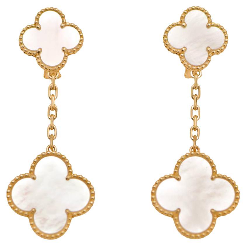 Van Cleef 
Arpels Magic Alhambra 2 Motifs Earrings Mother of Pearl 18K Yellow G For Sale