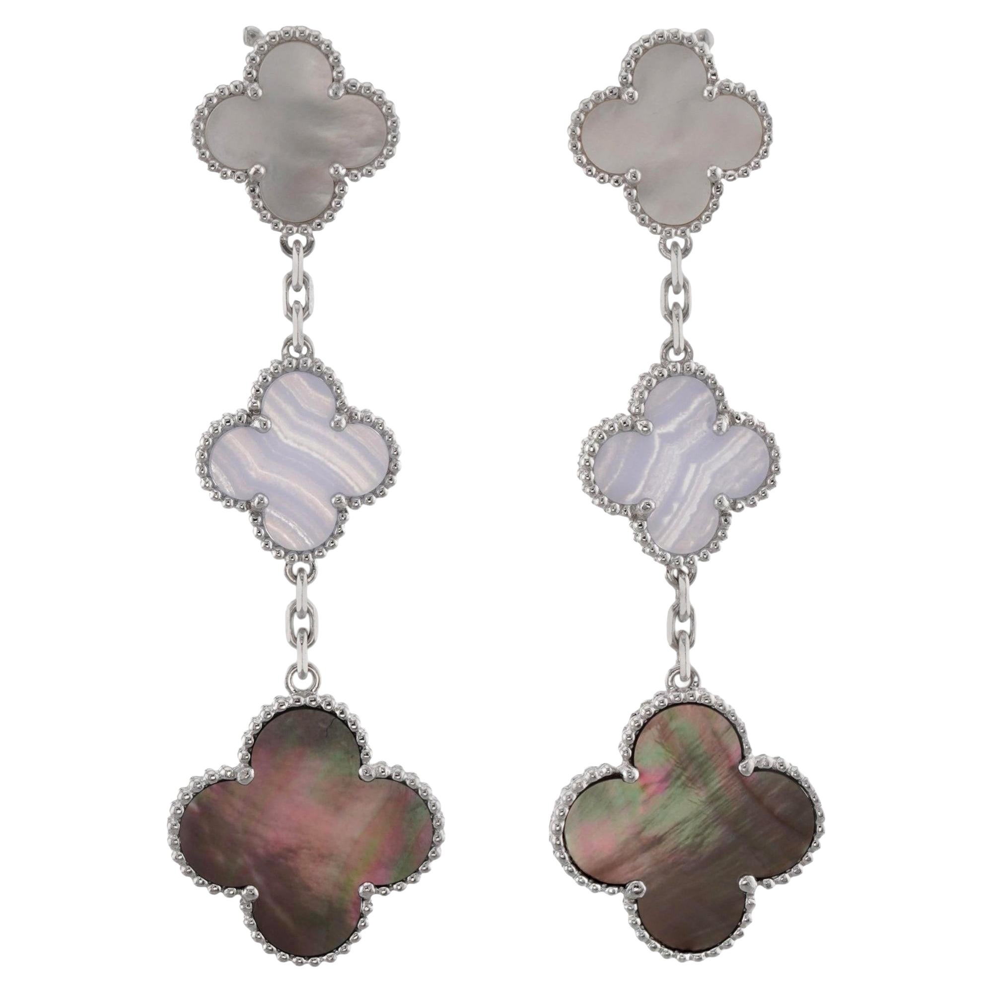 VAN CLEEF & ARPELS Magic Alhambra 3-Motif Chalcedony MOP White Gold Earrings For Sale