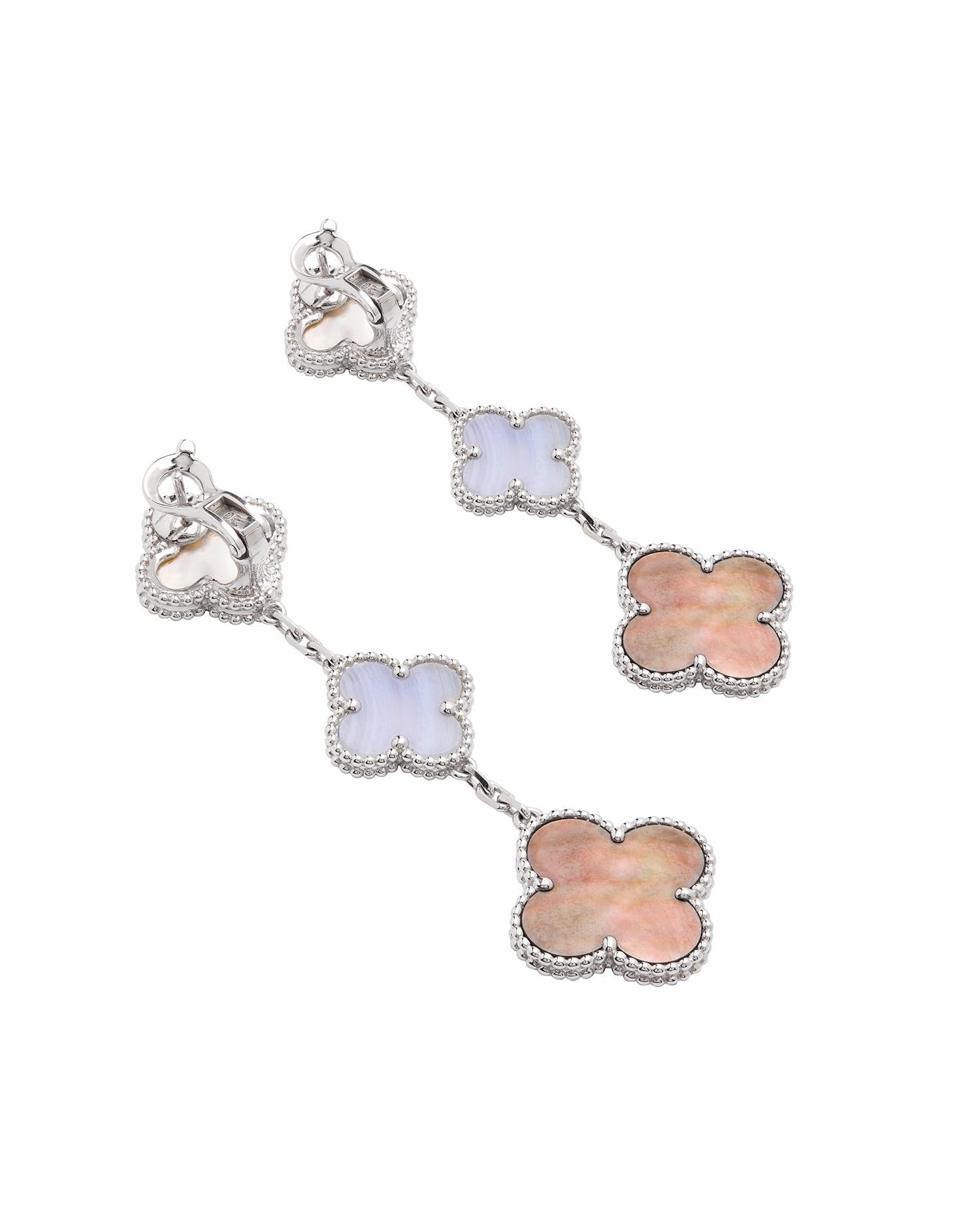 Van Cleef & Arpel’s Magic Alhambra 3 Motif drop earrings.

The Alhambra motif, a symbol of luck that embodies a positive vision of life very dear to the brands DNA.

The collection was first Created in 1968, it has continuously evolved, but still