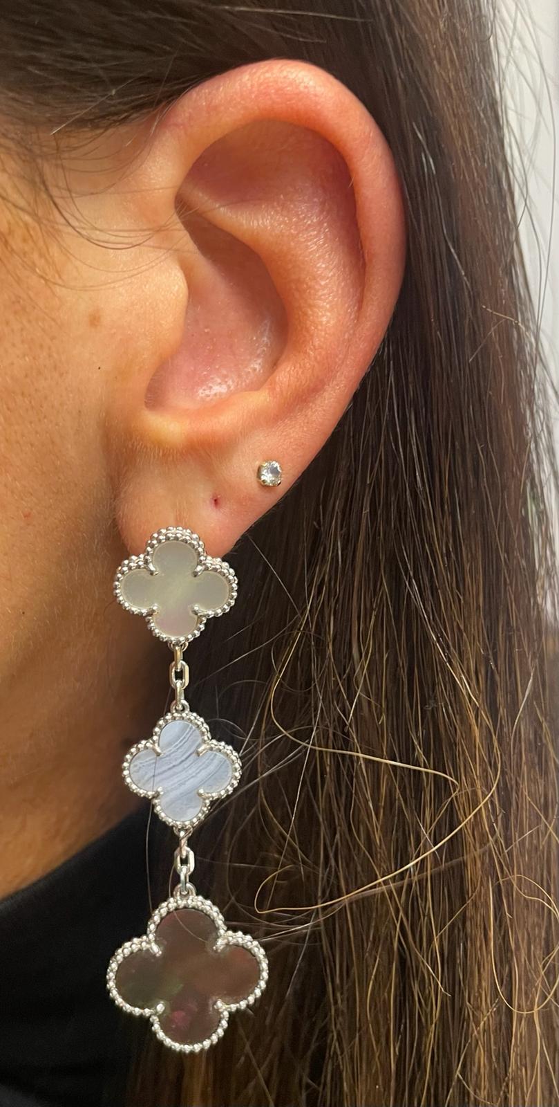 Van Cleef & Arpels Magic Alhambra 3 Motif Earrings

Beautiful pair of earrings with Mother of pearl and Chalcedony.

Stamped: VCA and numbered 

Metal Type : 18 karat

With original box, certificate of authenticity and original invoice
