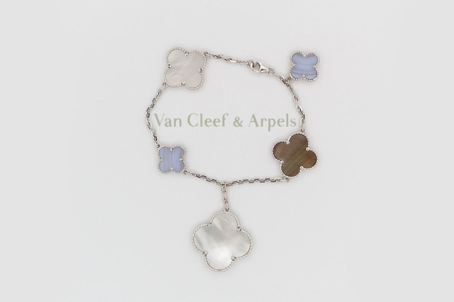 We are pleased to offer this beautiful Guaranteed Authentic Van Cleef & Arpels Magic Alhambra 5 Motif Bracelet with original VCA box and insurance valuation. Created in 2006 by Van Cleef & Arpels, the Magic Alhambra jewelry creations gather