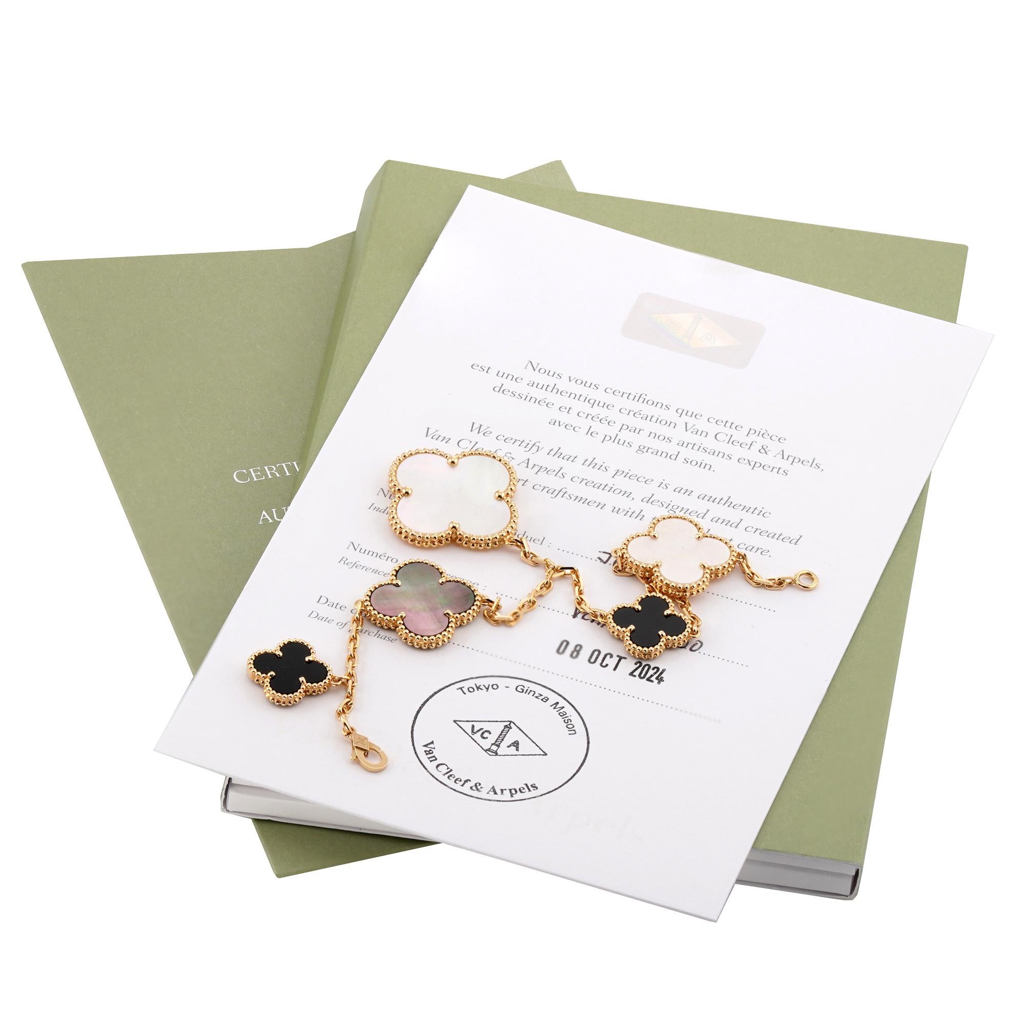 VAN CLEEF & ARPELS Magic Alhambra 5 Motif Onyx MOP Yellow Gold Bracelet In Excellent Condition For Sale In New York, NY