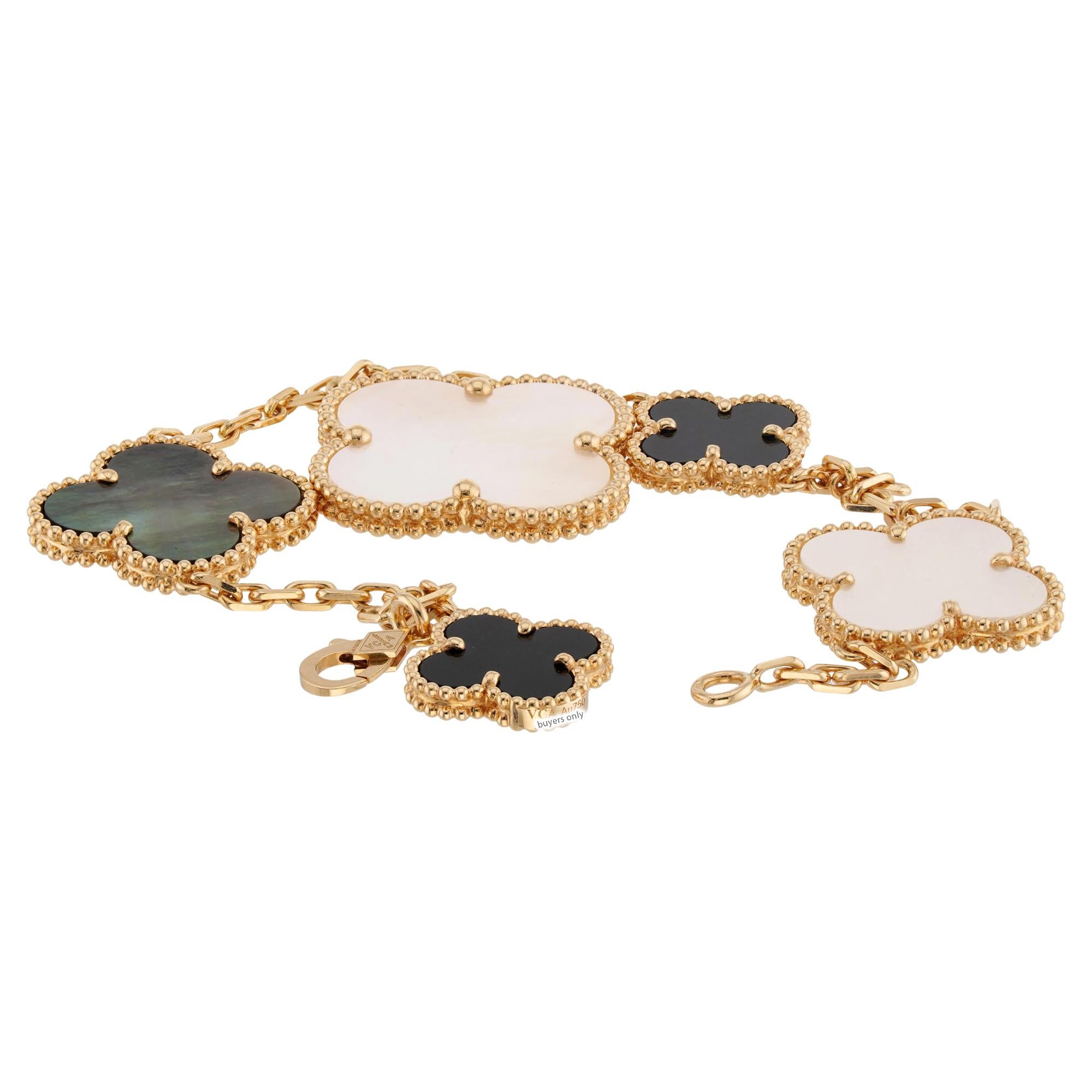 VAN CLEEF & ARPELS Magic Alhambra 5 Motif Onyx MOP Yellow Gold Bracelet For Sale 3