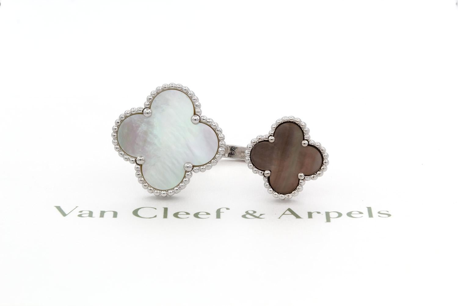 We are pleased to offer this beautiful Guaranteed Authentic Van Cleef & Arpels Magic Alhambra Between The Finger Ring with original VCA inner & outer boxes and insurance valuation. Created in 2006 by Van Cleef & Arpels, the Magic Alhambra jewelry