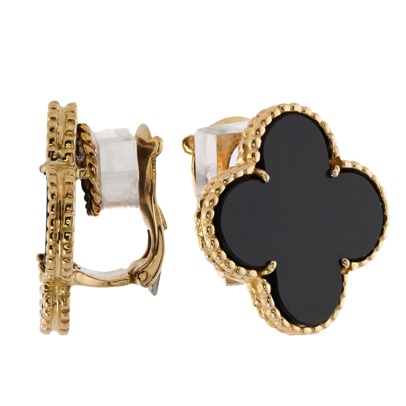 Mixed Cut VAN CLEEF & ARPELS Magic Alhambra Black Onyx 18k Yellow Gold Clip-on Earrings