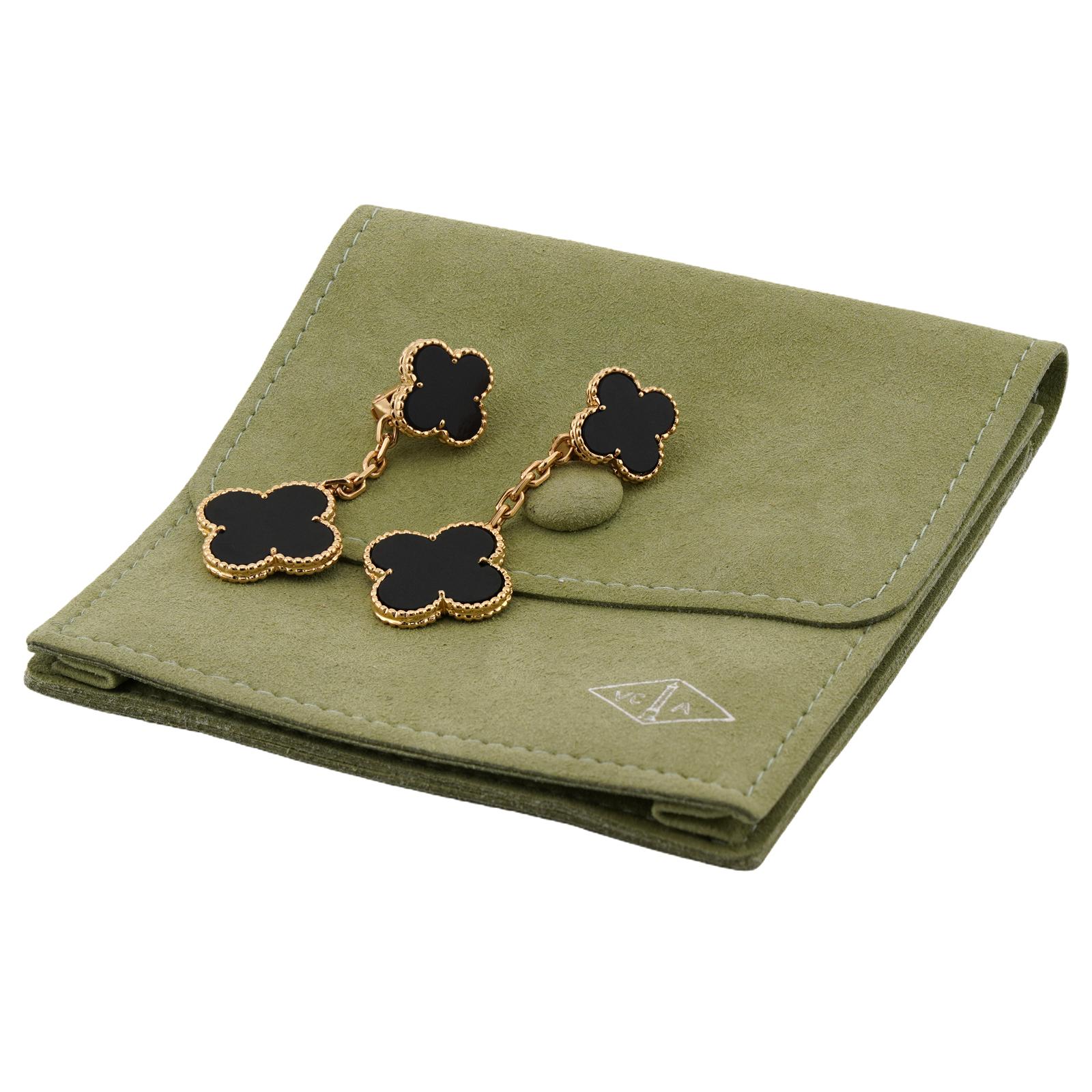Mixed Cut VAN CLEEF & ARPELS Magic Alhambra Black Onyx 18k Yellow Gold Drop Earrings For Sale