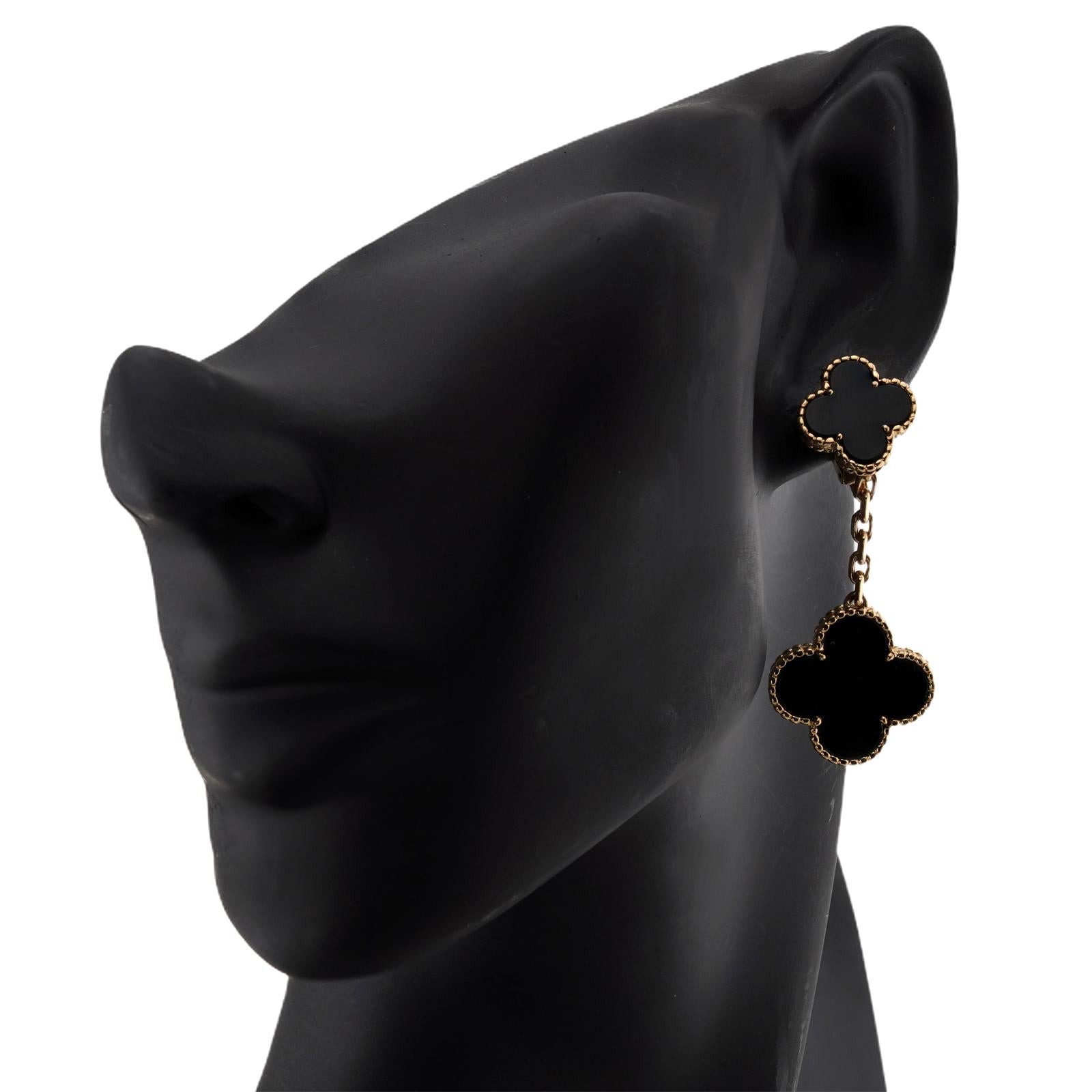 VAN CLEEF & ARPELS Magic Alhambra Black Onyx 18k Yellow Gold Drop Earrings In Excellent Condition For Sale In New York, NY