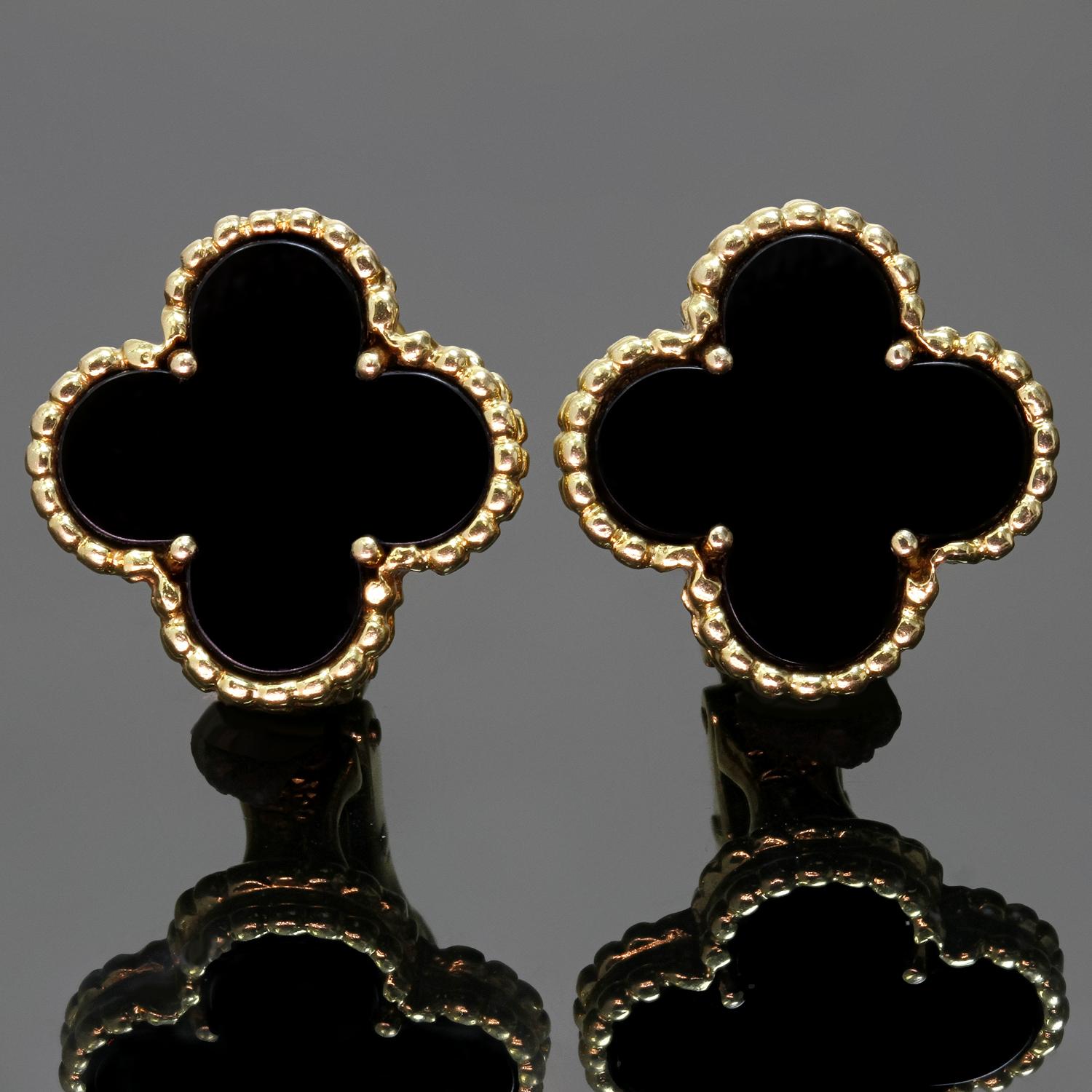 These elegant Van Cleef & Arpels clip-on earrings from the Vintage Alhambra collection are crafted in 18k yellow gold and feature a pair of lucky clover motifs inlaid with black onyx round bead settings. Made in France circa 2000s. Measurements: