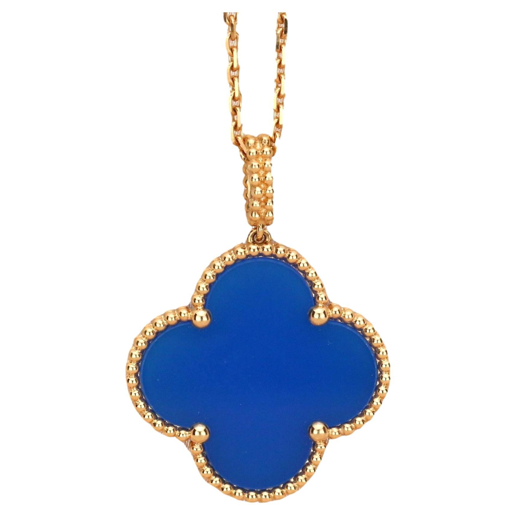 Van Cleef & Arpels Magic Alhambra Blue Agate Yellow Gold Pendant Long Necklace