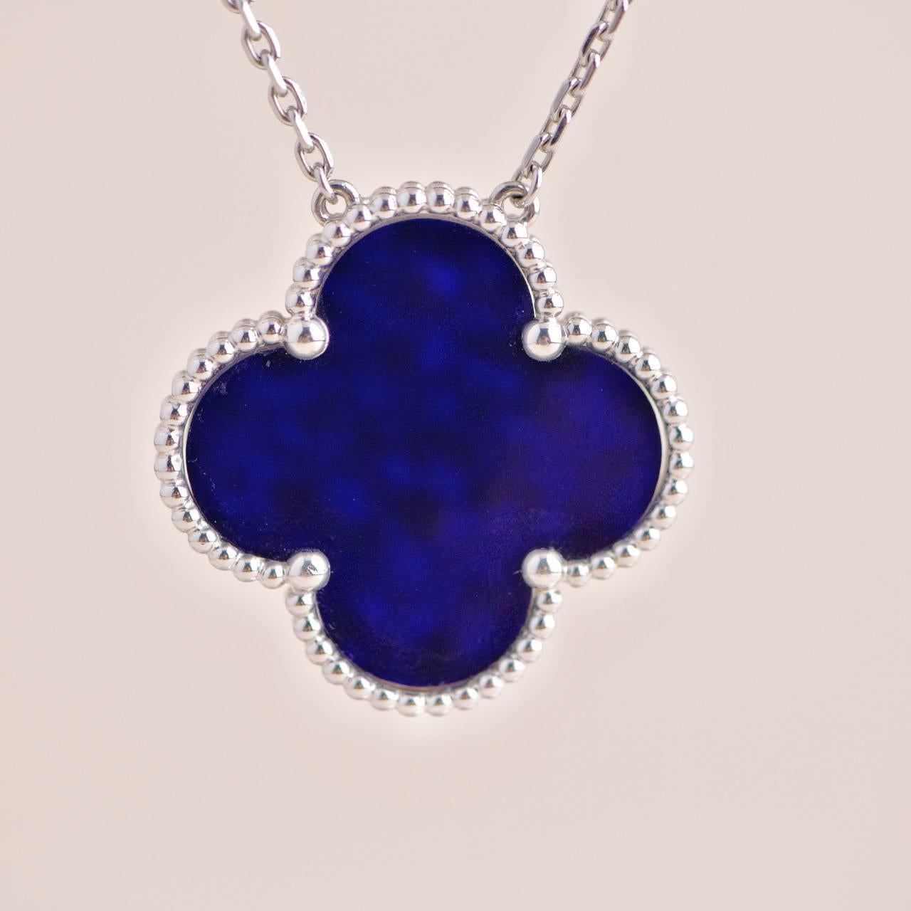 Van Cleef & Arpels Magic Alhambra Blue Sevres Porcelain White Gold Necklace In Excellent Condition In Banbury, GB
